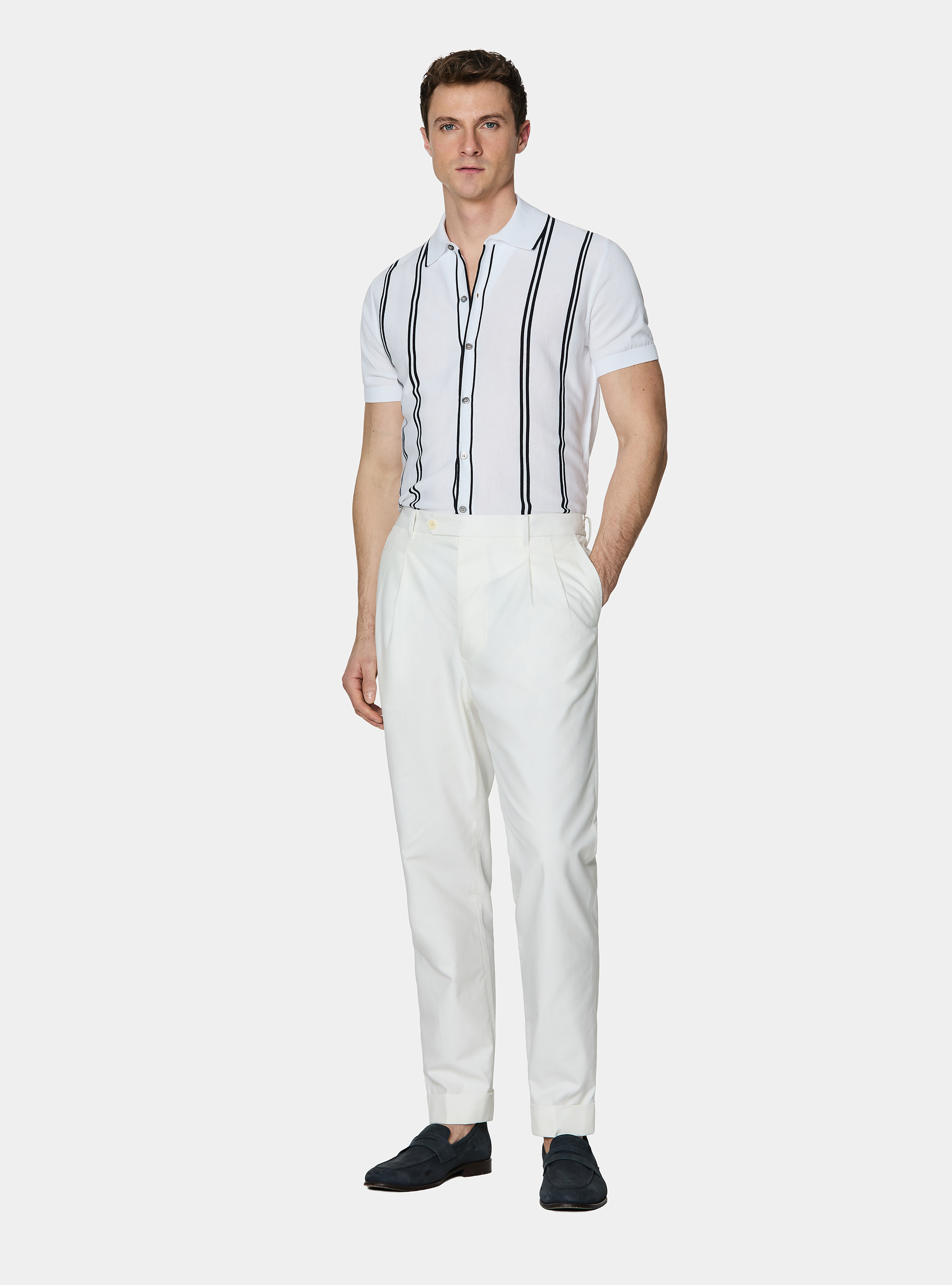 Pantaloni con pince ed elastico in misto cotone, BIANCO