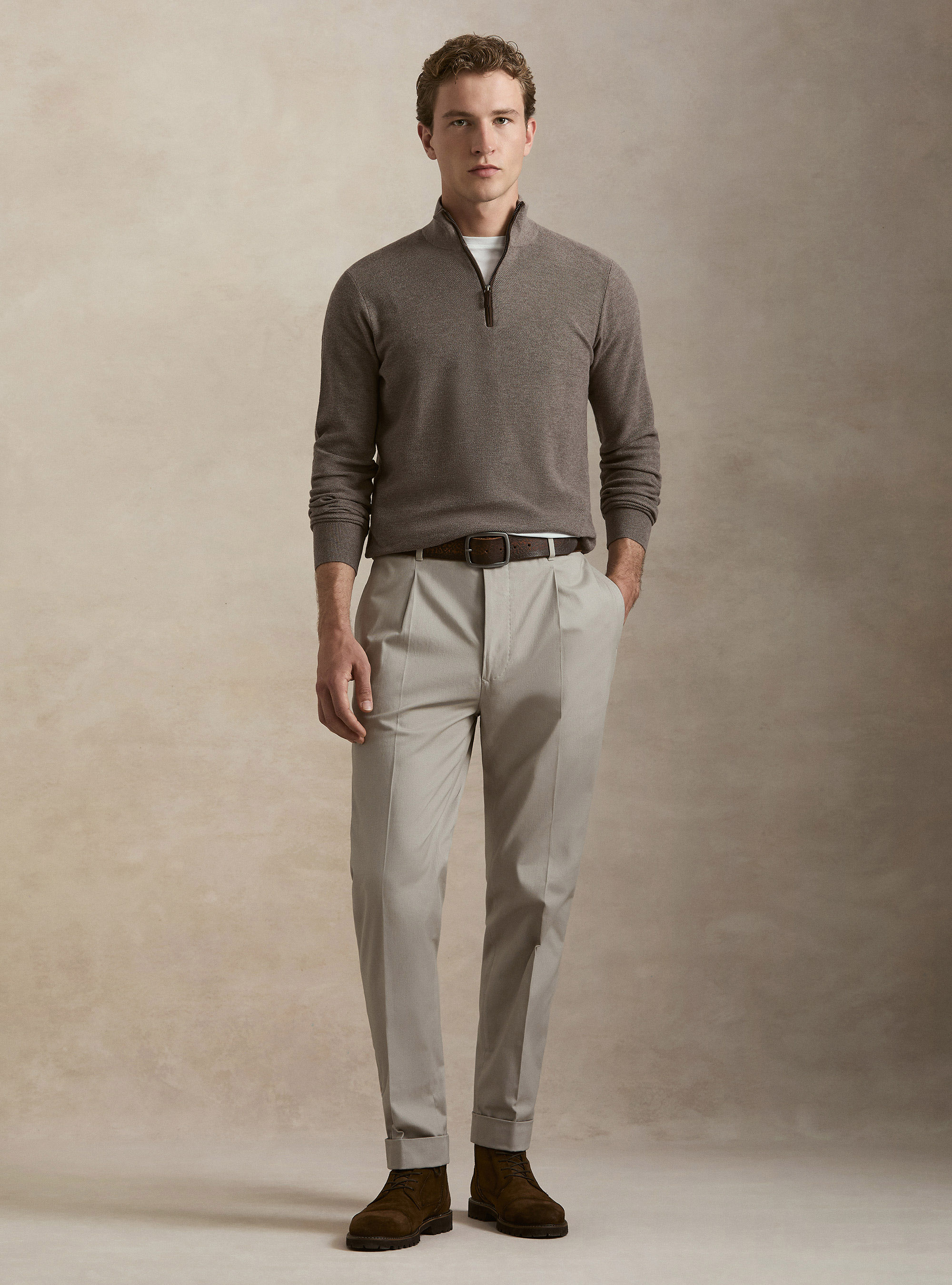 Maglia con mezza zip in cotone cashmere nido d'ape, FANGO