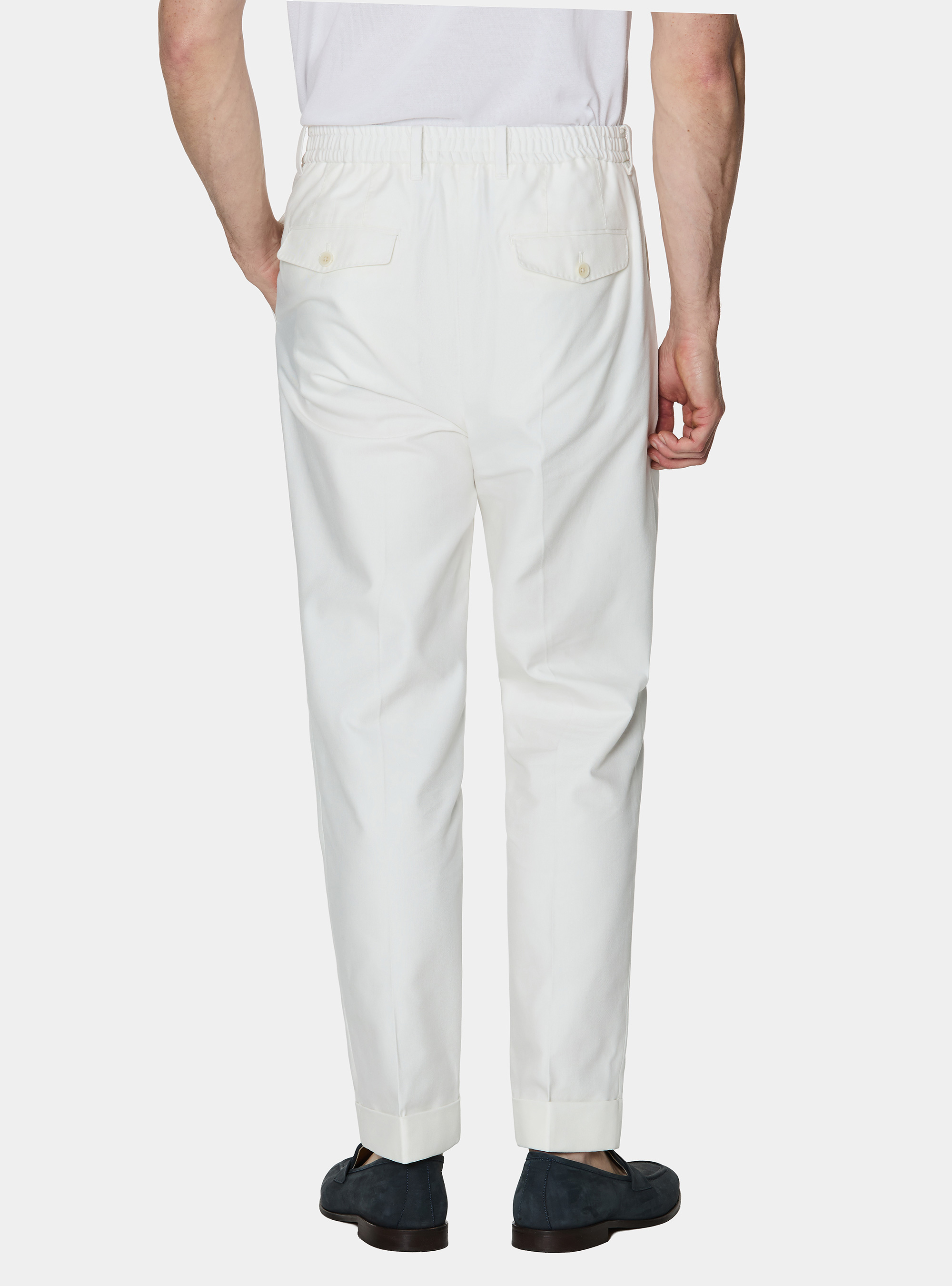 Pantaloni con pince ed elastico in misto cotone, BIANCO