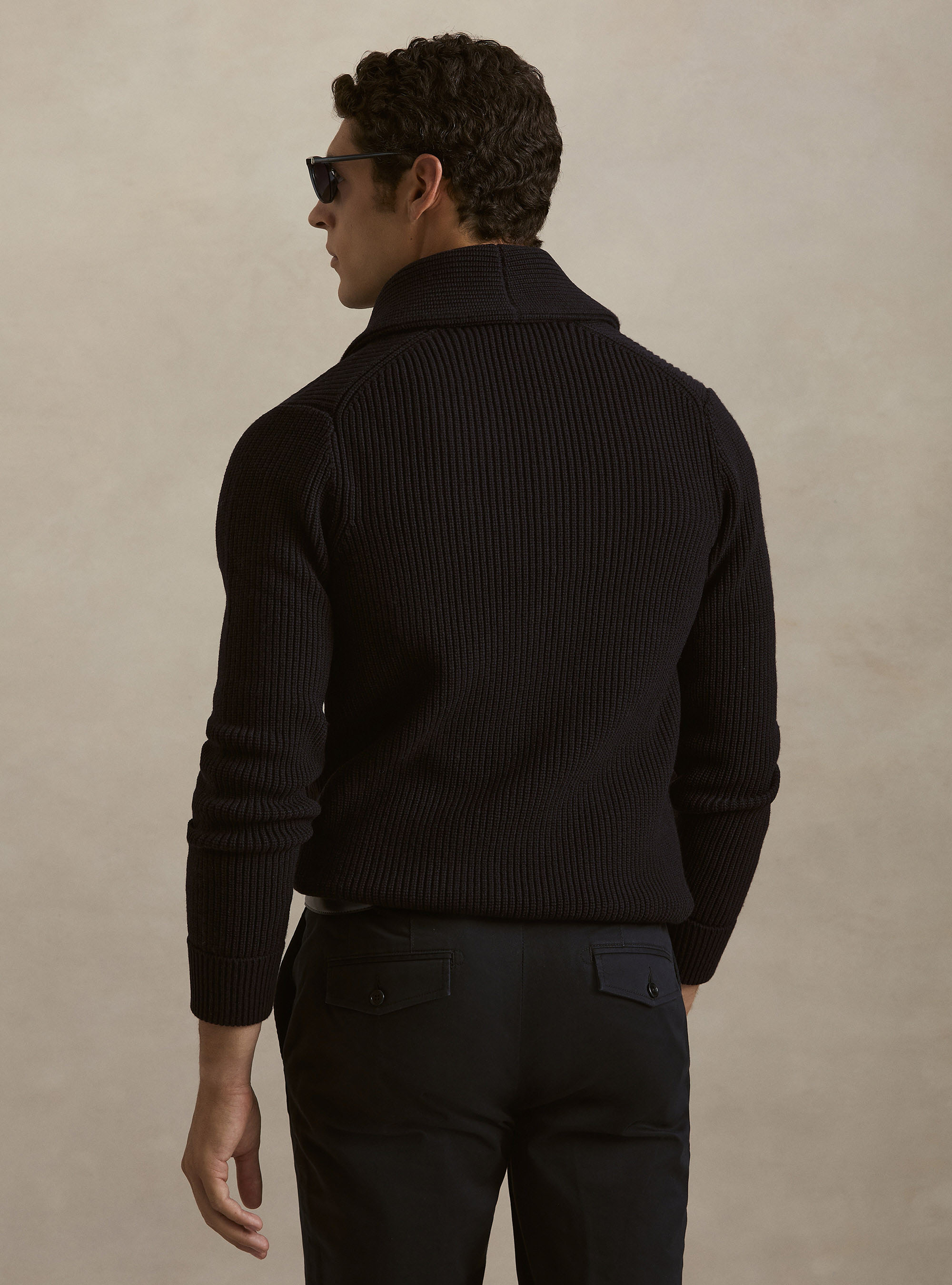 Cardigan in maglia sciallato in lana merino, BLU NAVY