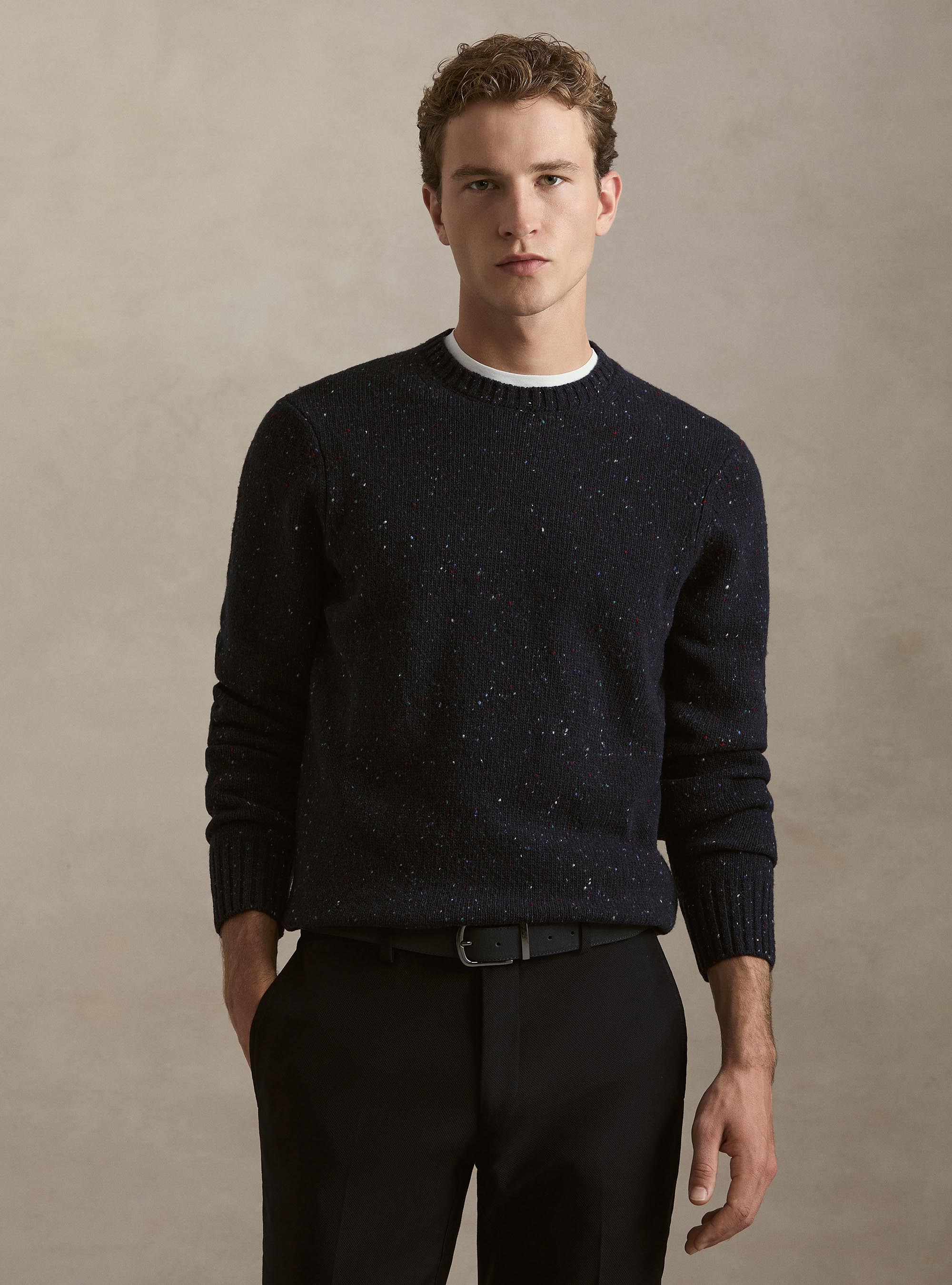 Girocollo in maglia bottonato misto lana merino, BLU NAVY
