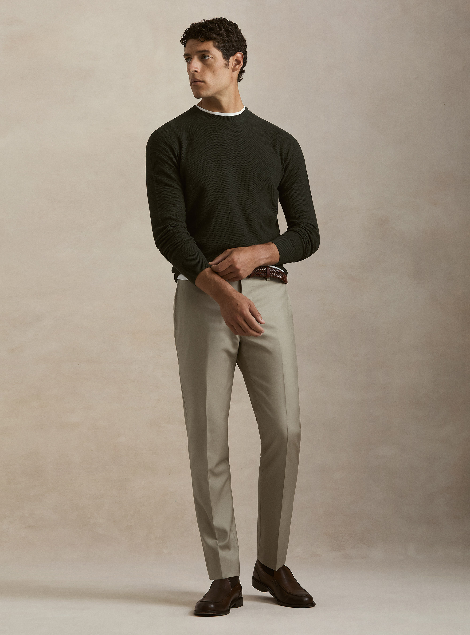Maglia girocollo in cotone cashmere nido d'ape, MILITARE 0609C