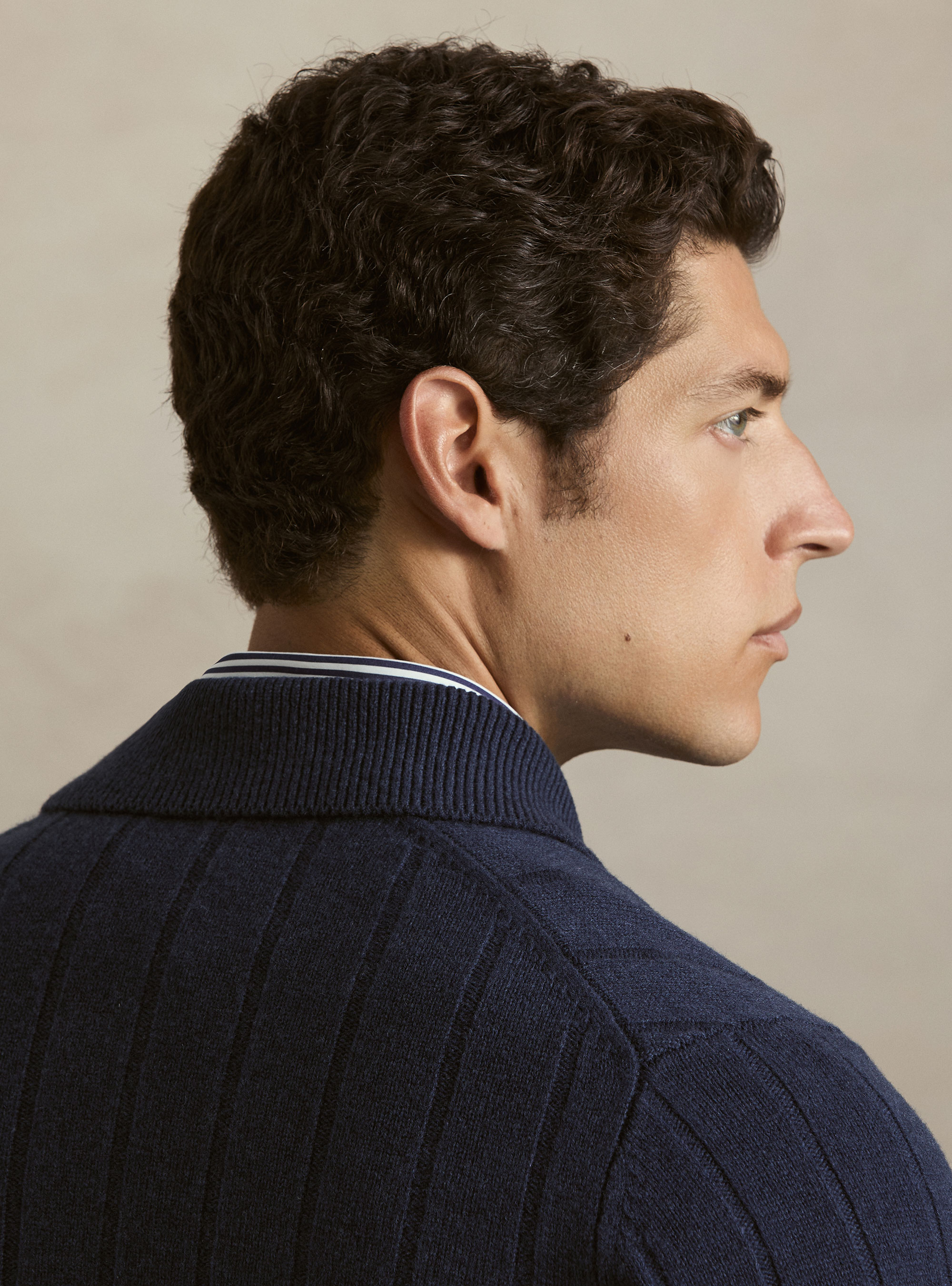 Maglia full zip con colletto in lana e cashmere a costa piatta, INCHIOSTRO