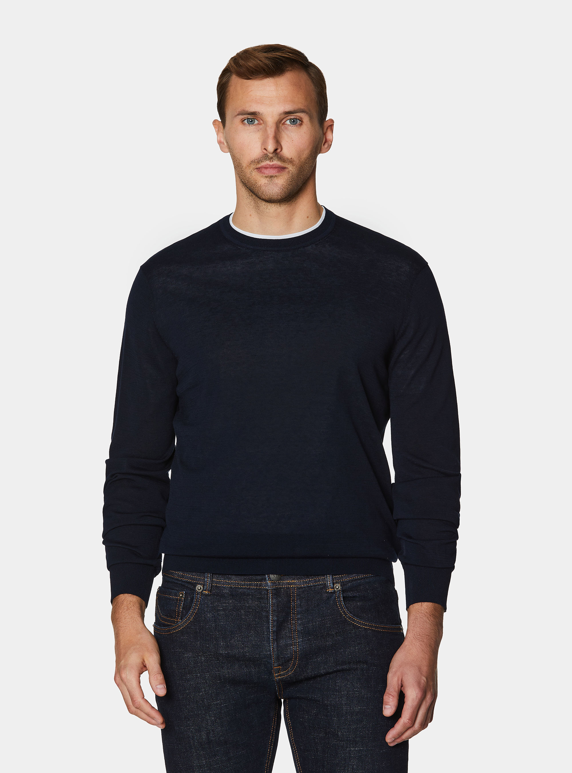 Maglia girocollo in cotone e seta, BLU NAVY