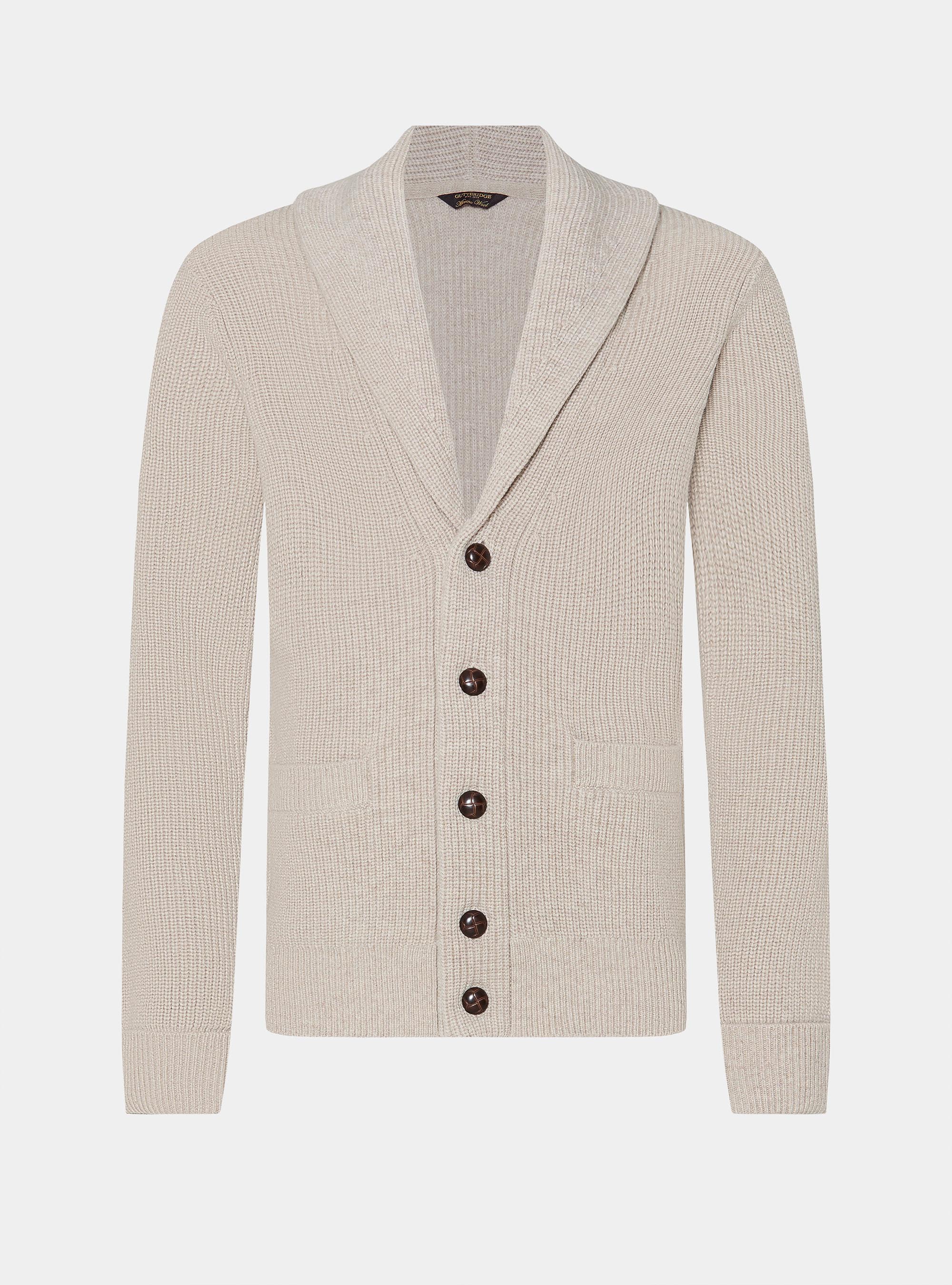 Cardigan in maglia sciallato in lana merino, ECRU