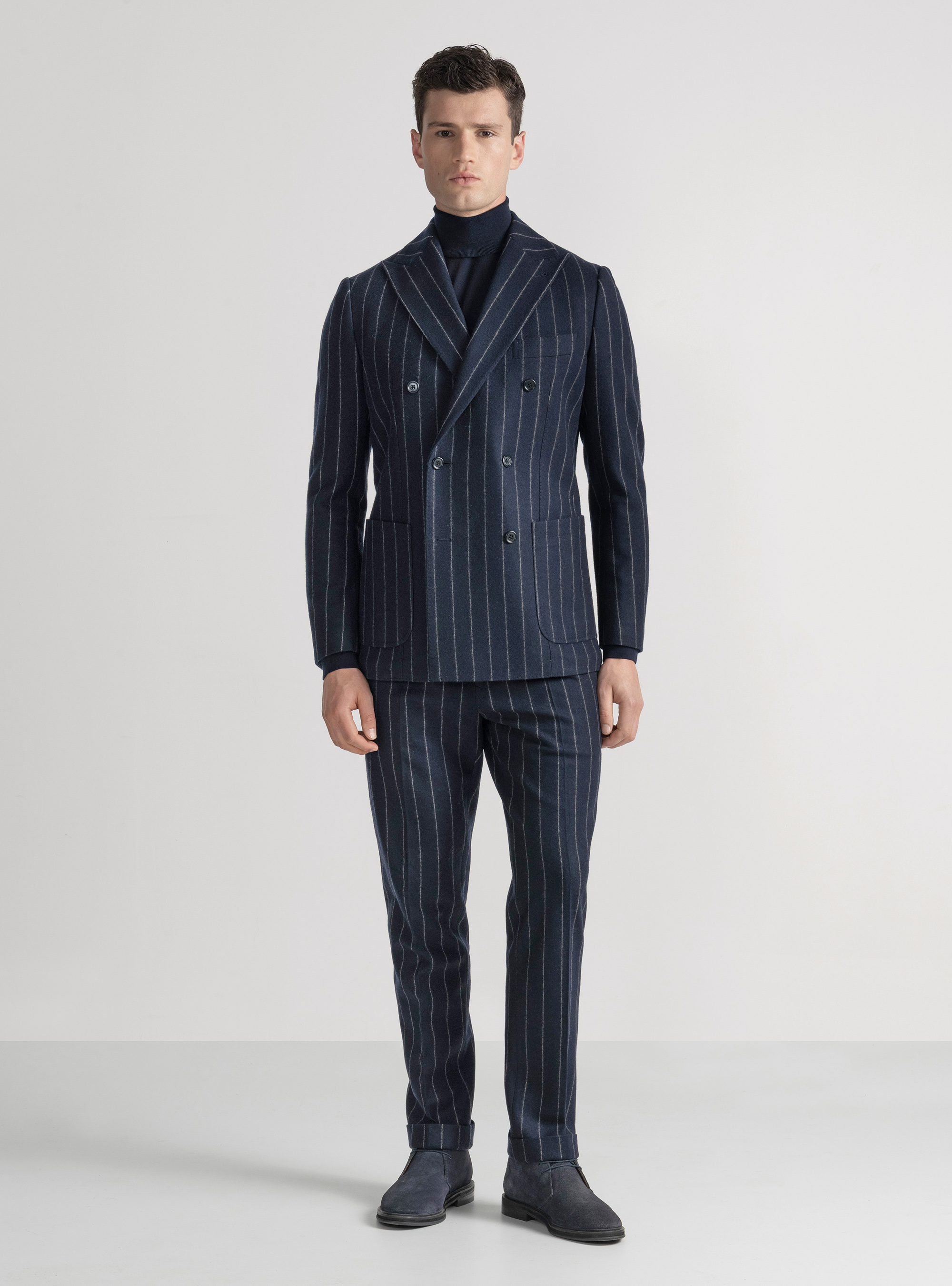 Giacca per abito doppiopetto in jersey gessato, BLU NAVY