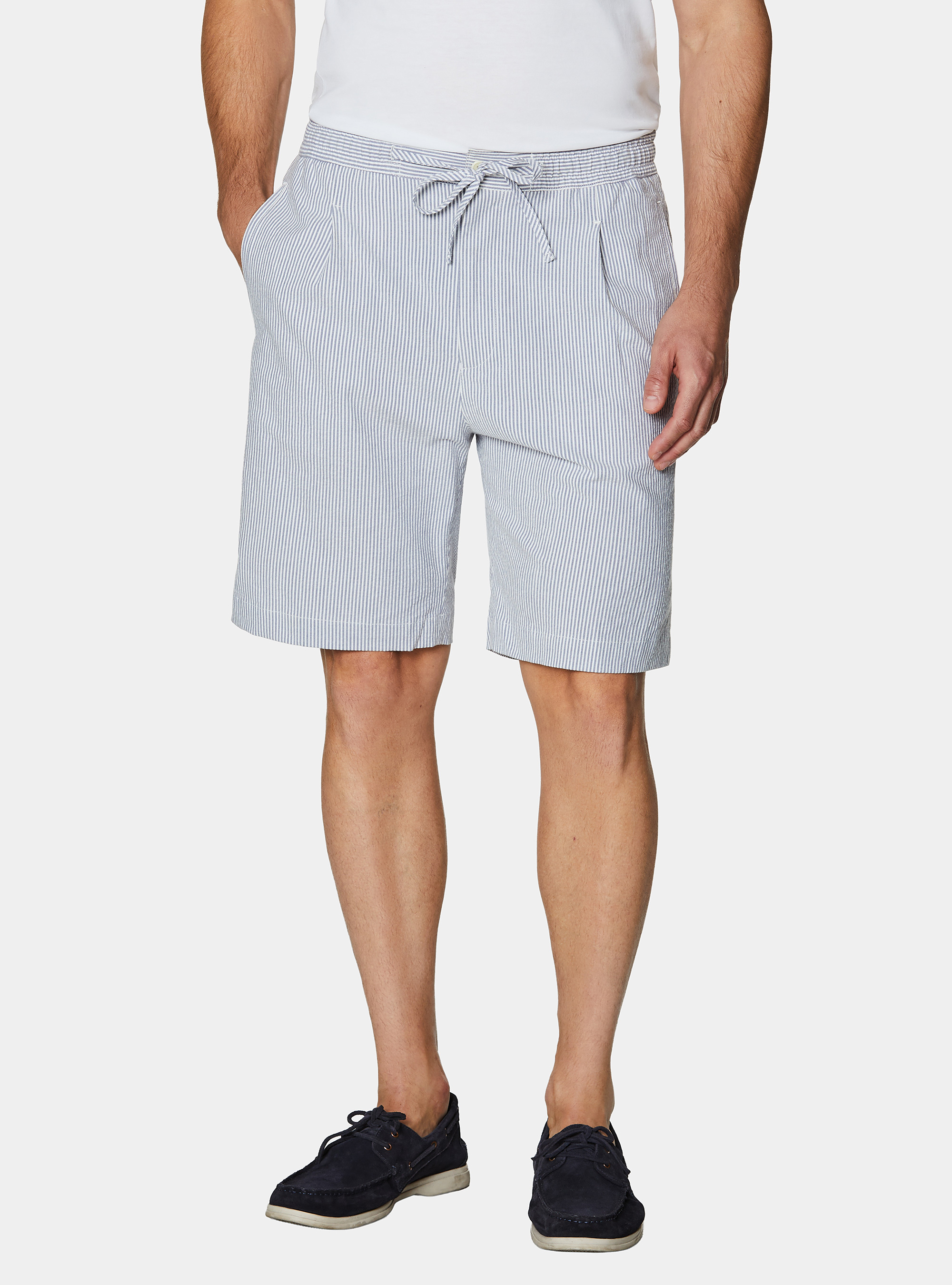 Bermuda in cotone stretch seersucker con coulisse, BLU