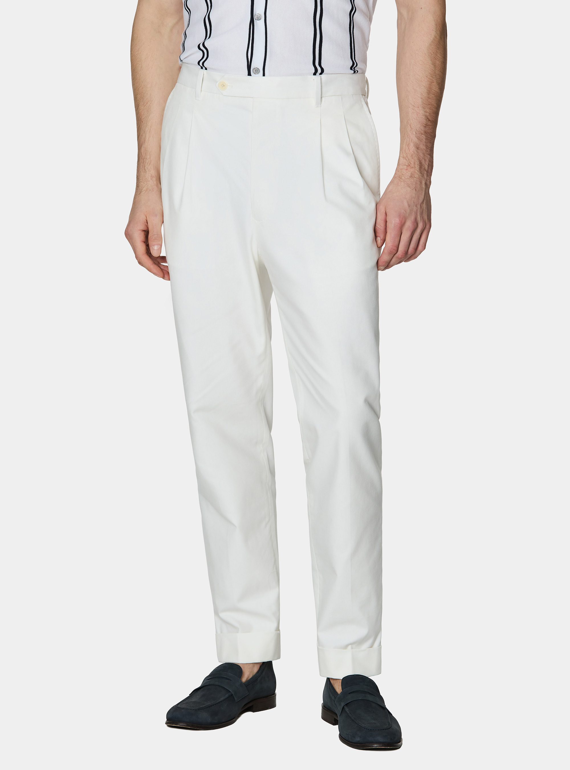 Pantaloni con pince ed elastico in misto cotone, BIANCO