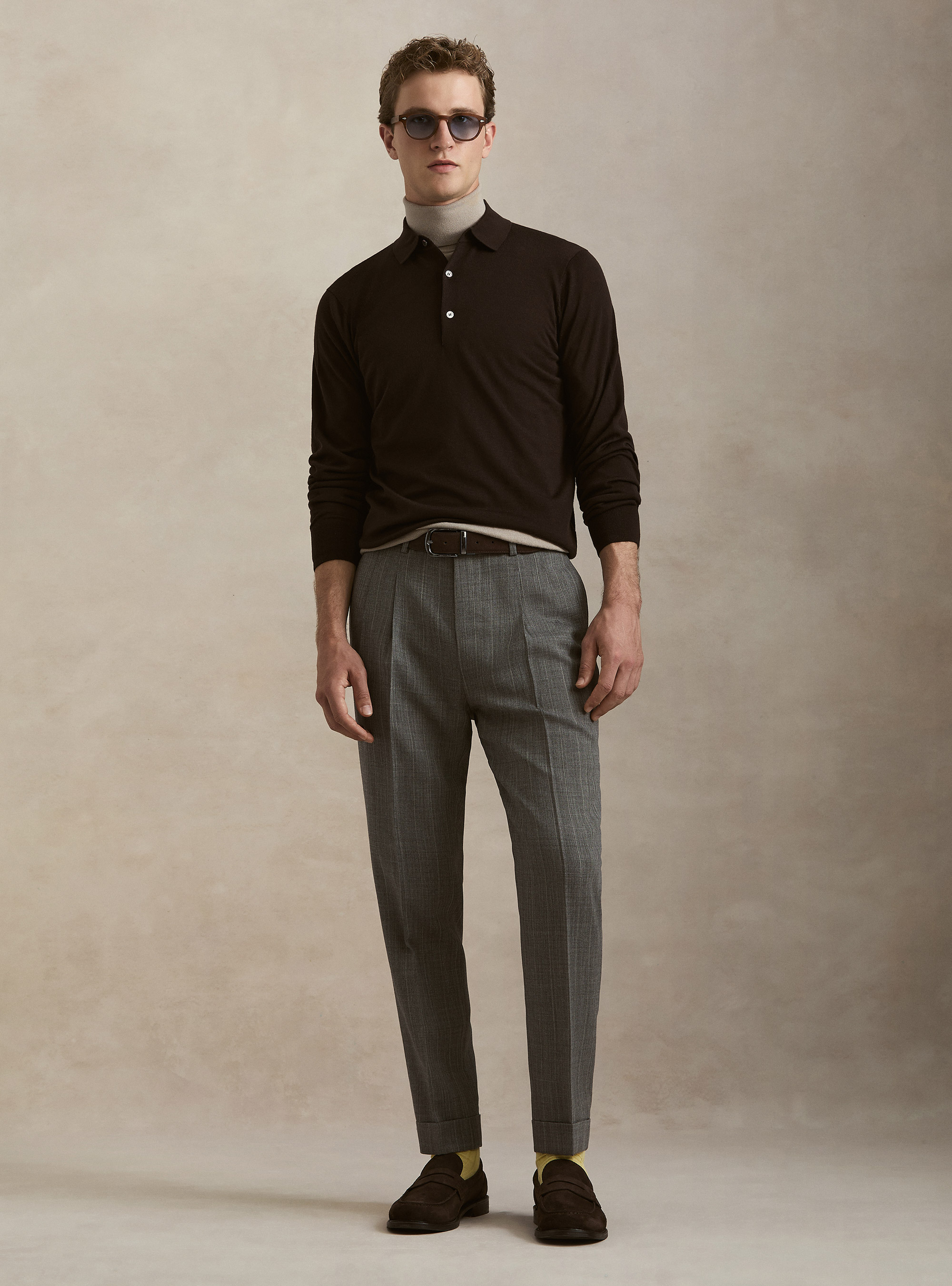Polo in maglia in lana merino extrafine, MARRONE