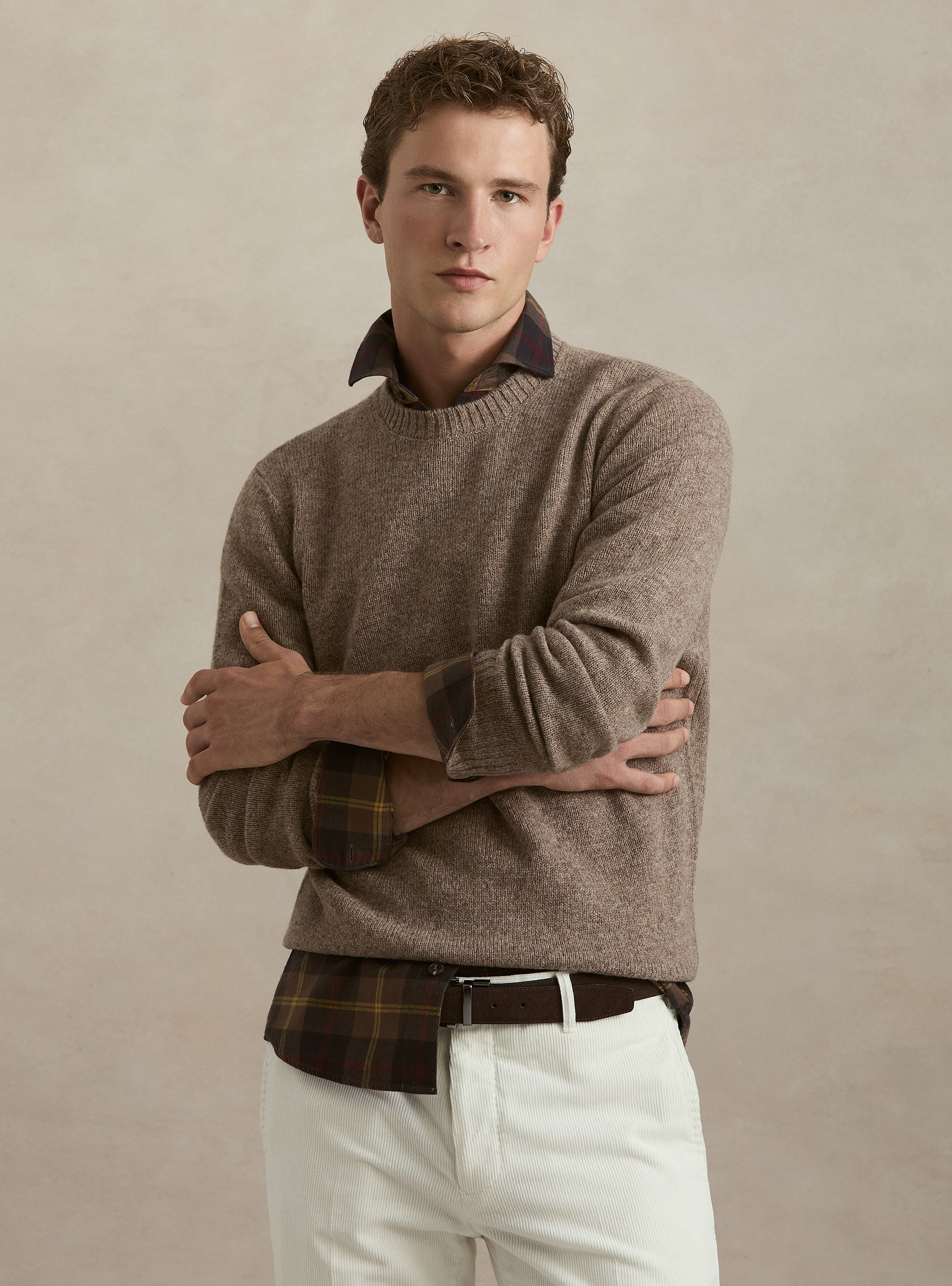 Maglia girocollo in pura lana shetland, FANGO