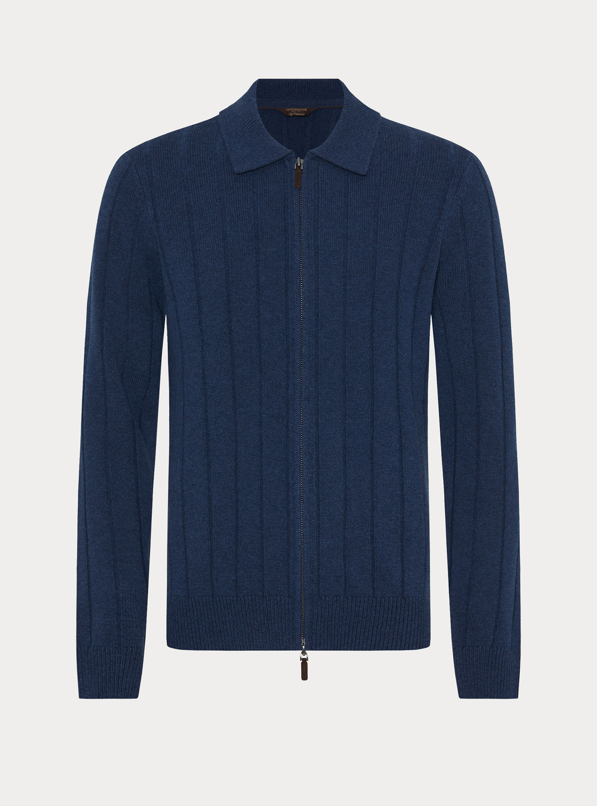 Maglia full zip con colletto in lana e cashmere a costa piatta, INCHIOSTRO