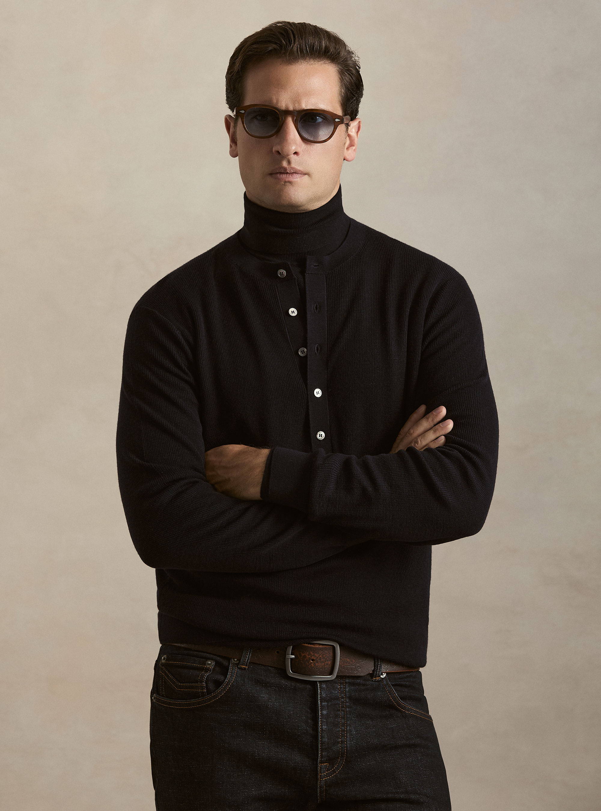 Maglia serafino in lana a costine, BLU NAVY