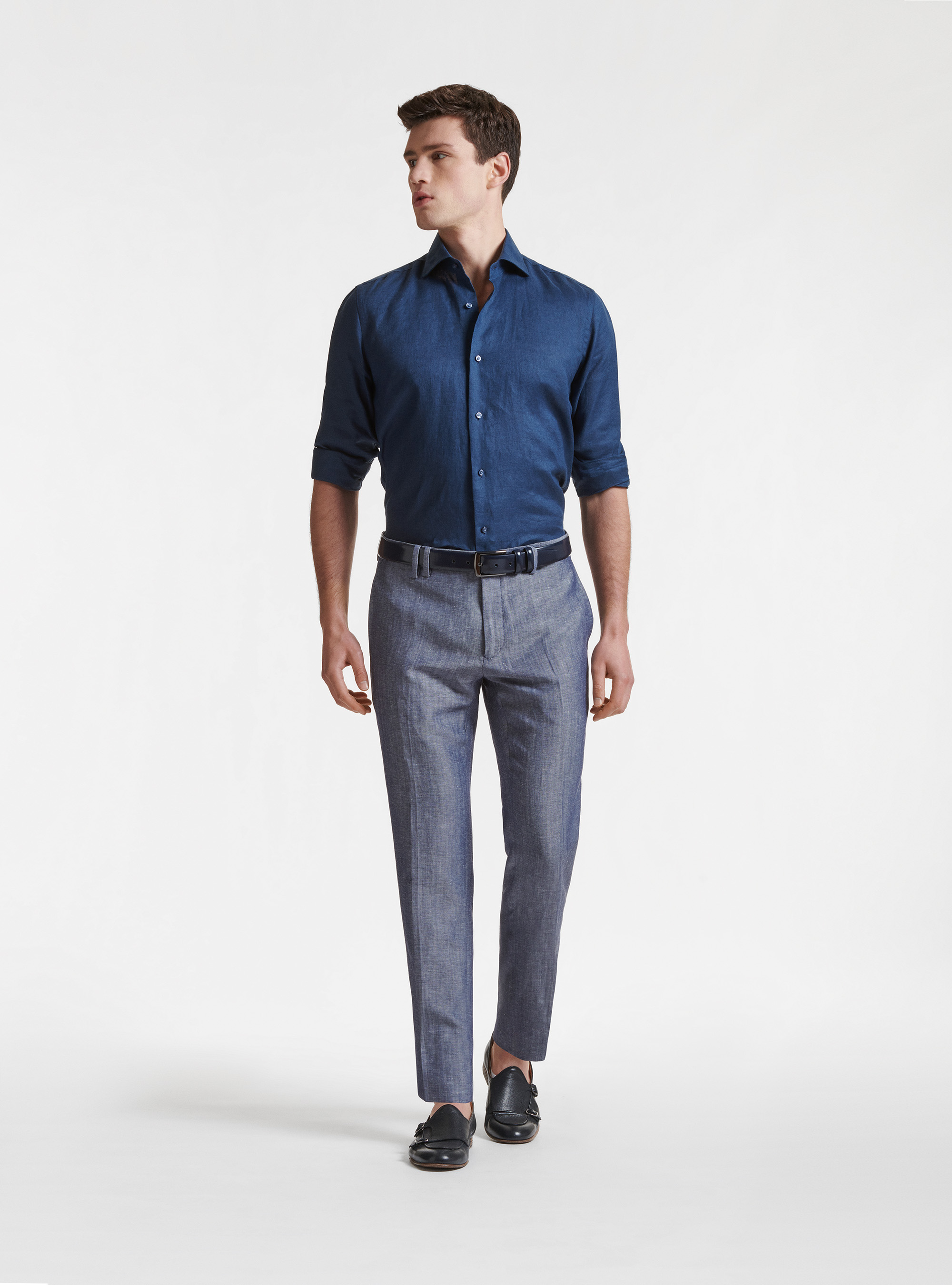 Camicia in puro lino con collo semi francese, BLU NAVY