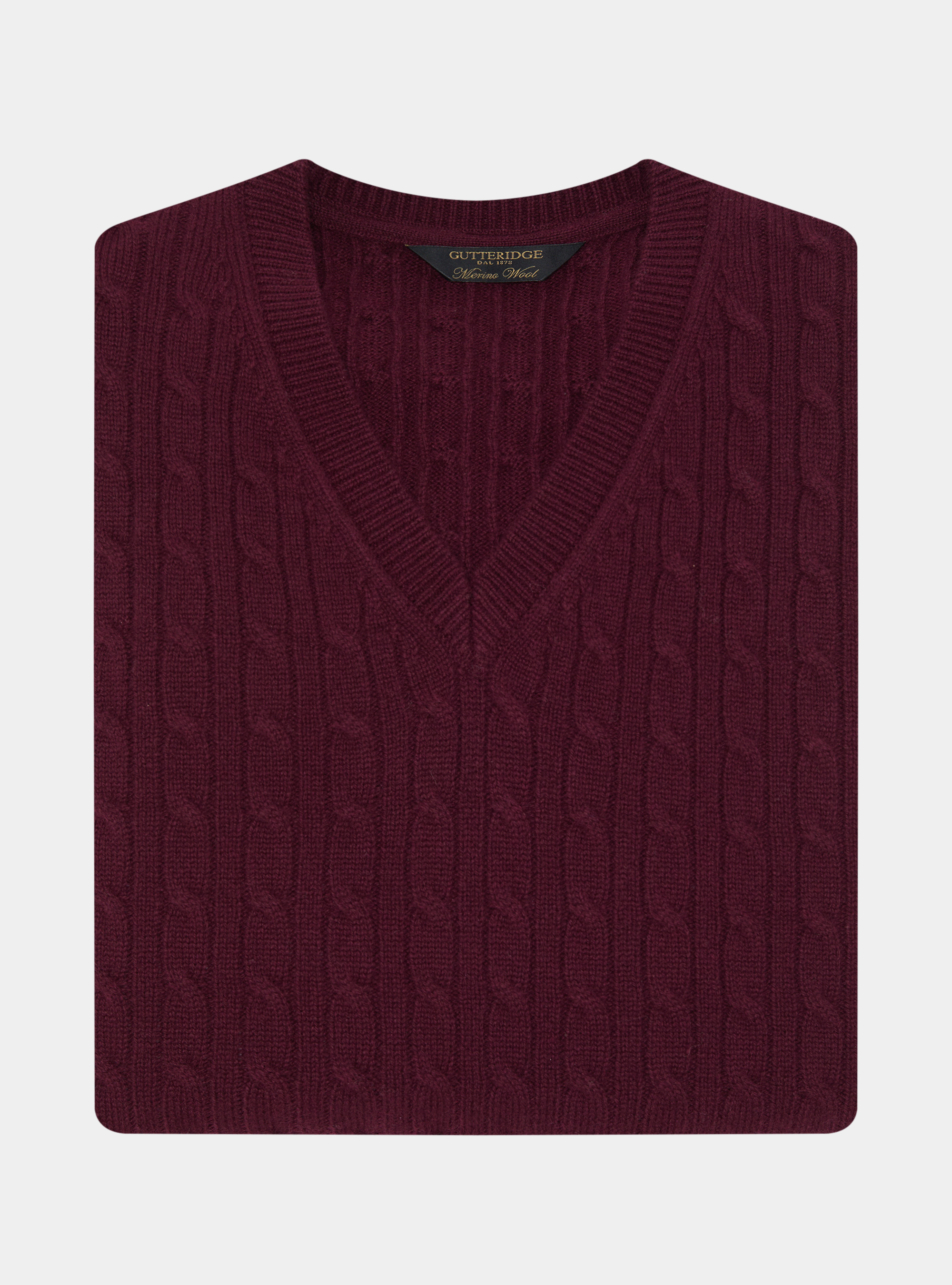 Maglia scollo a V con treccia in lana merino, BORDEAUX