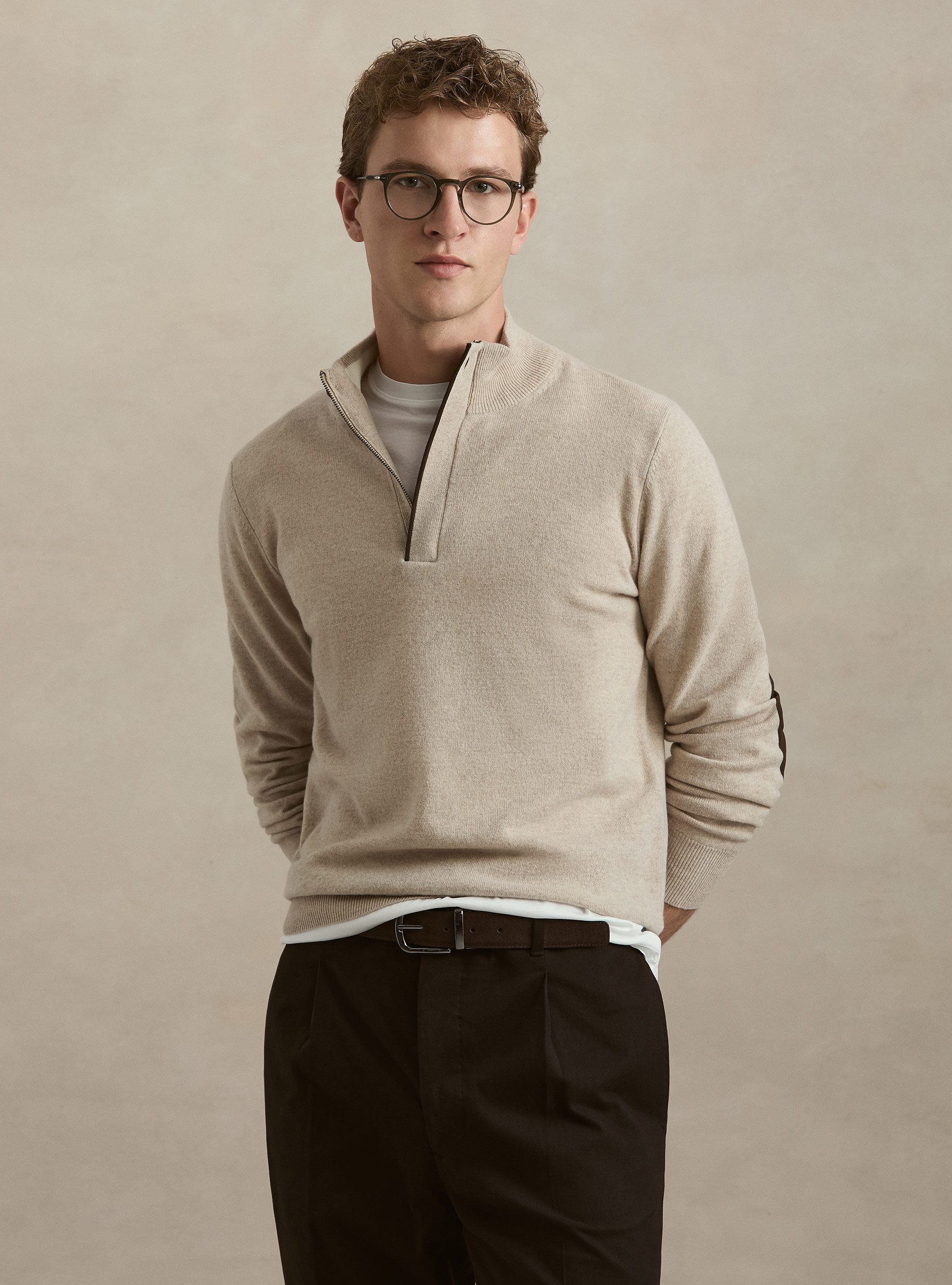 Maglia mezza zip in lana lambswool e cashmere, ECRU