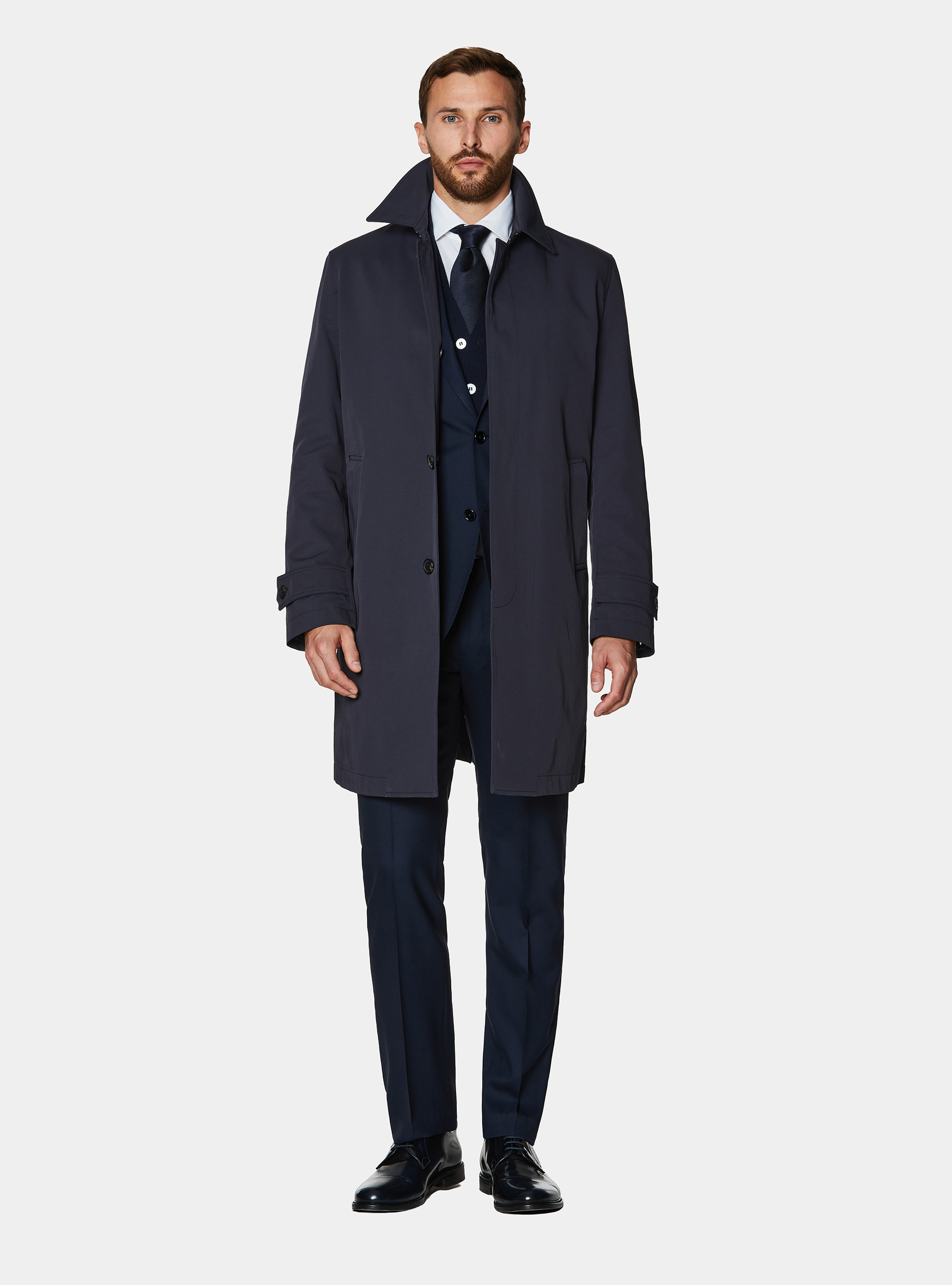 Impermeabile monopetto in misto cotone, BLU NAVY