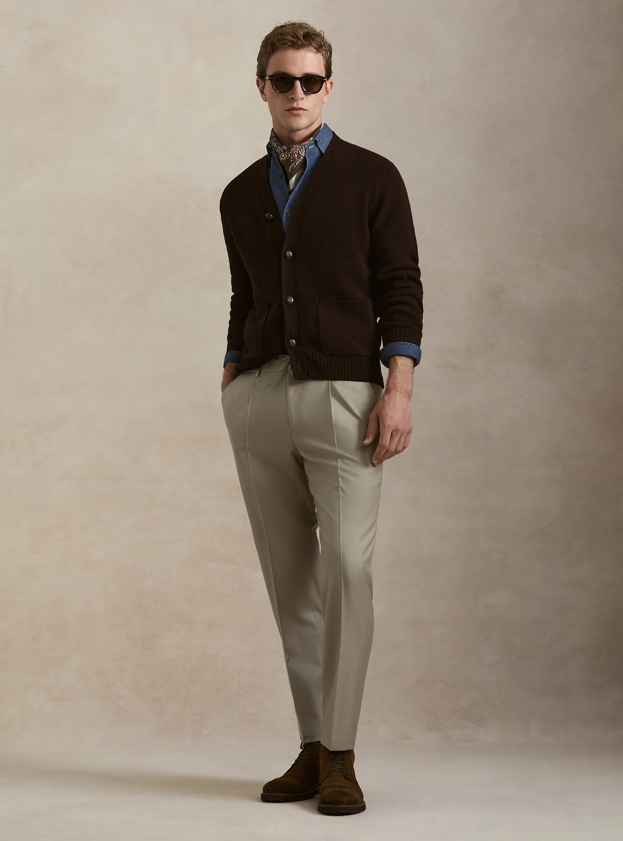 Cardigan in maglia in lana shetland, MARRONE