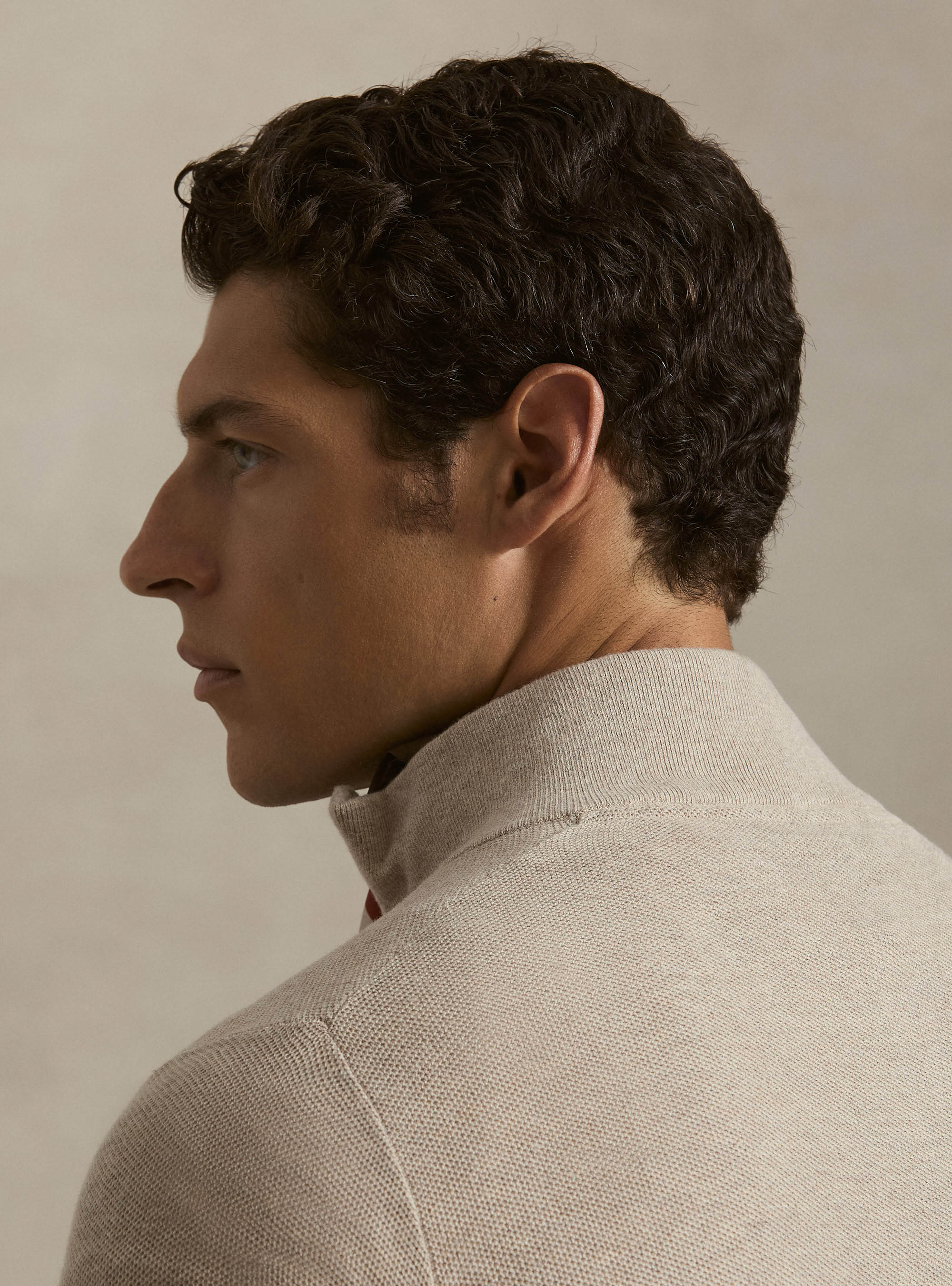 Maglia con mezza zip in cotone cashmere nido d'ape, ECRU