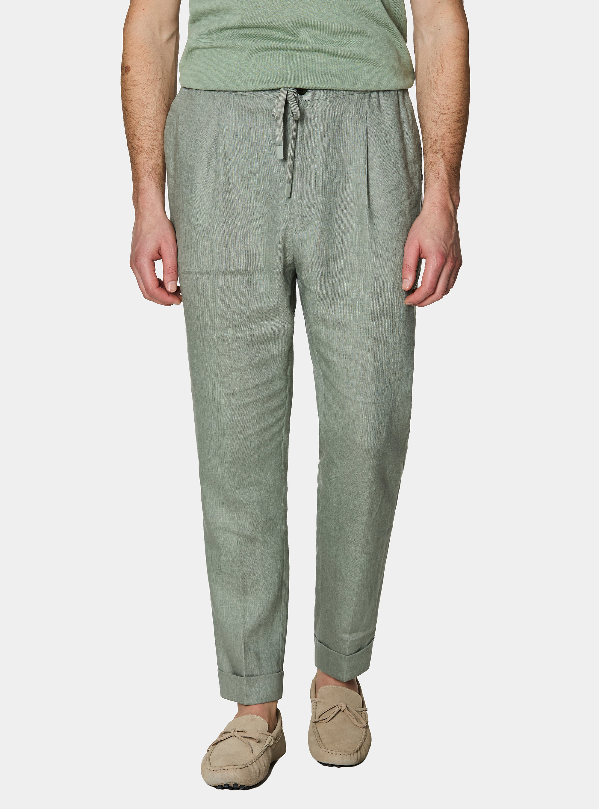 Pantaloni in puro lino con pince e coulisse, SALVIA 0602C