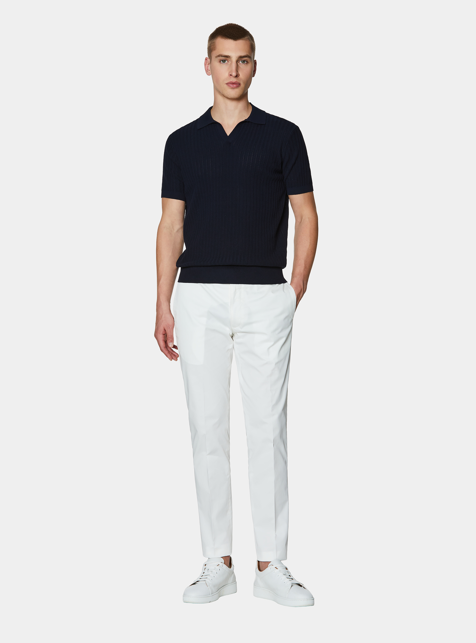 Polo in maglia traforata senza bottoni in cotone extrafine, BLU NAVY