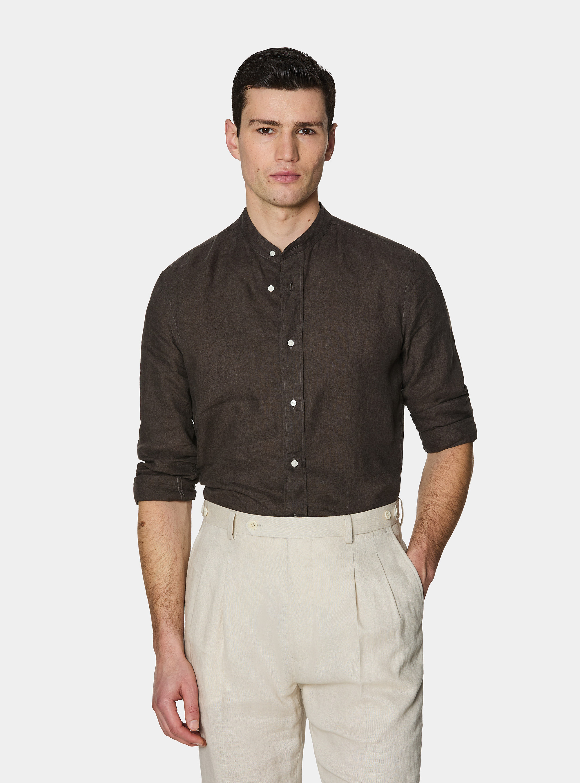 Camicia coreana in puro lino, MARRONE