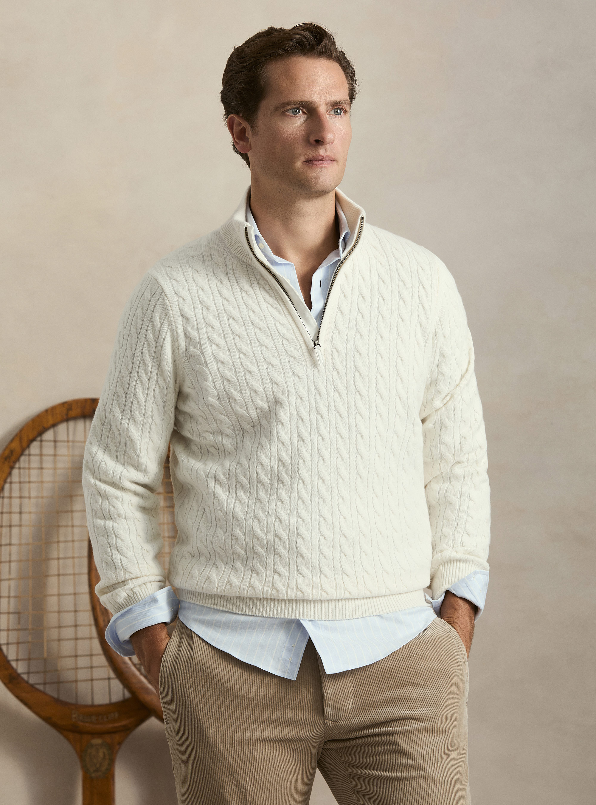 Maglia lupetto a trecce in lana e cashmere, BIANCO