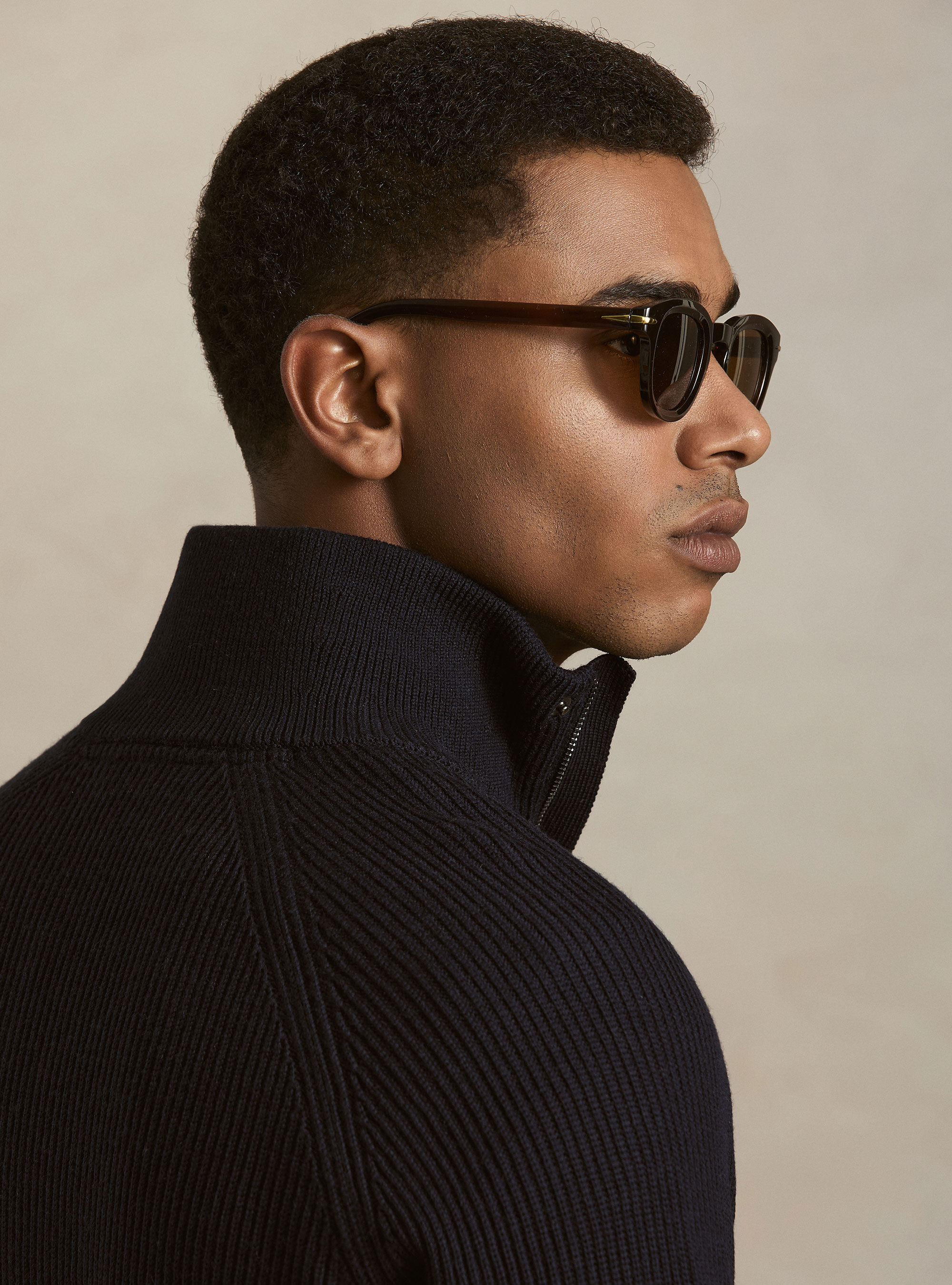 Maglia mezza zip in lana e cotone a coste, BLU NAVY