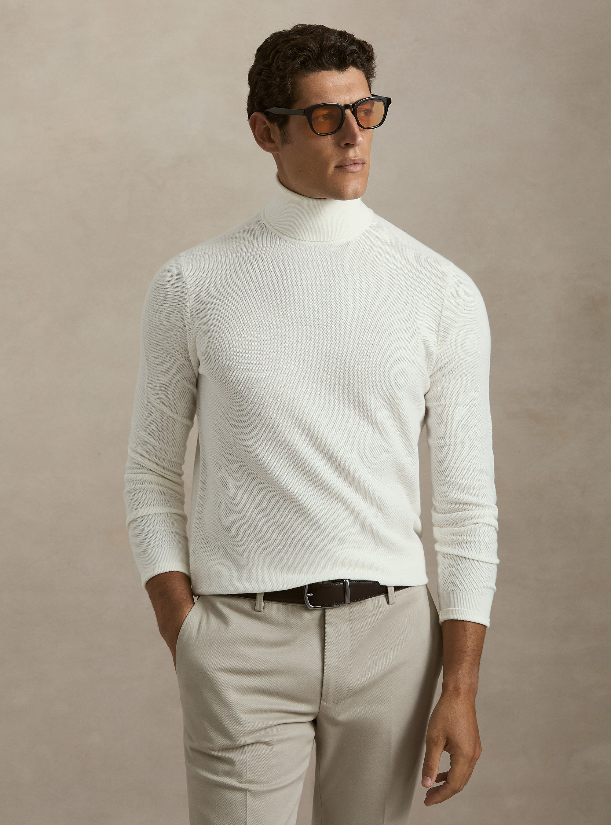 Dolcevita in maglia nido d'ape in cotone e cashmere, BIANCO