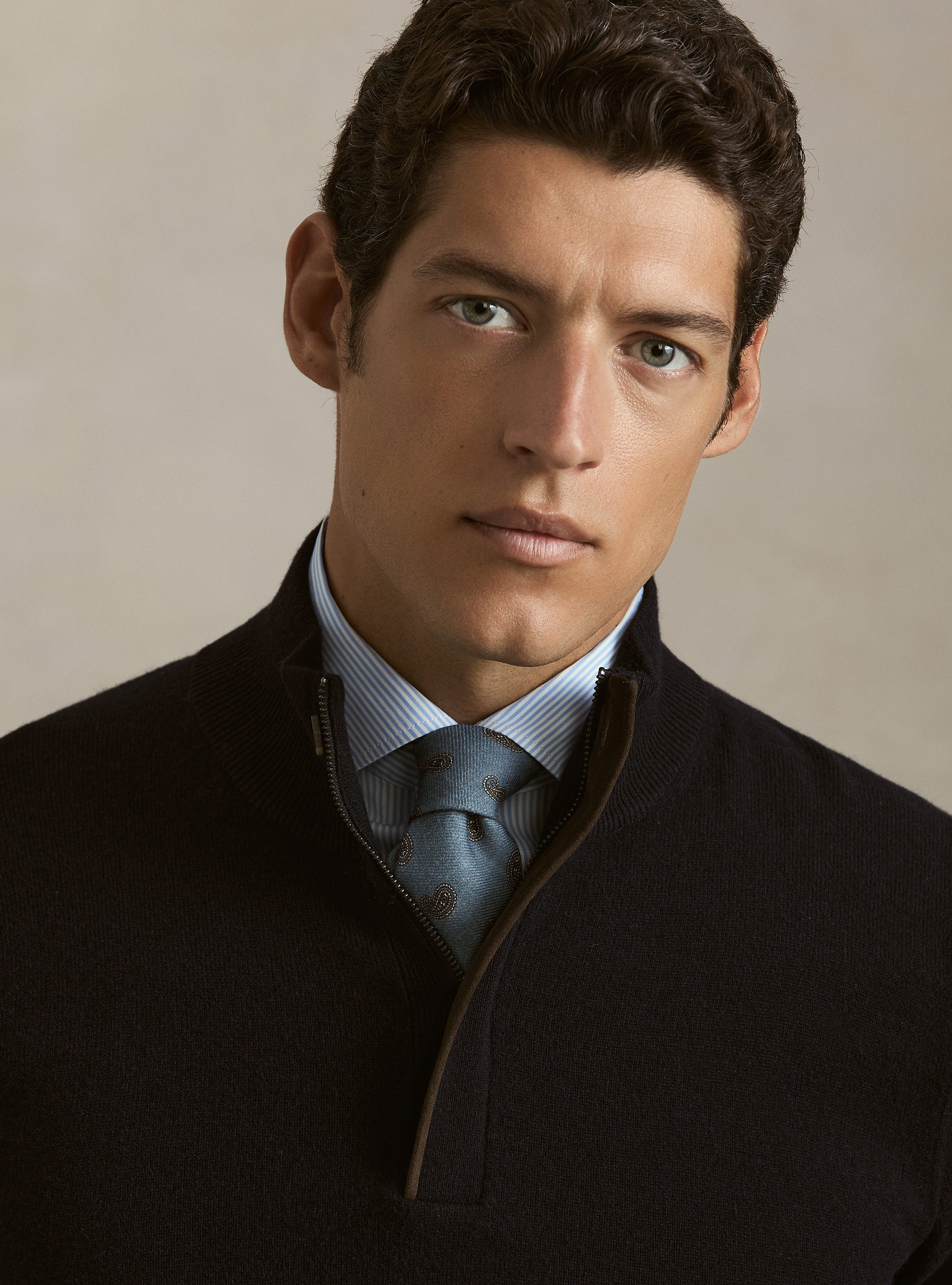 Maglia mezza zip in lana lambswool e cashmere, BLU NAVY