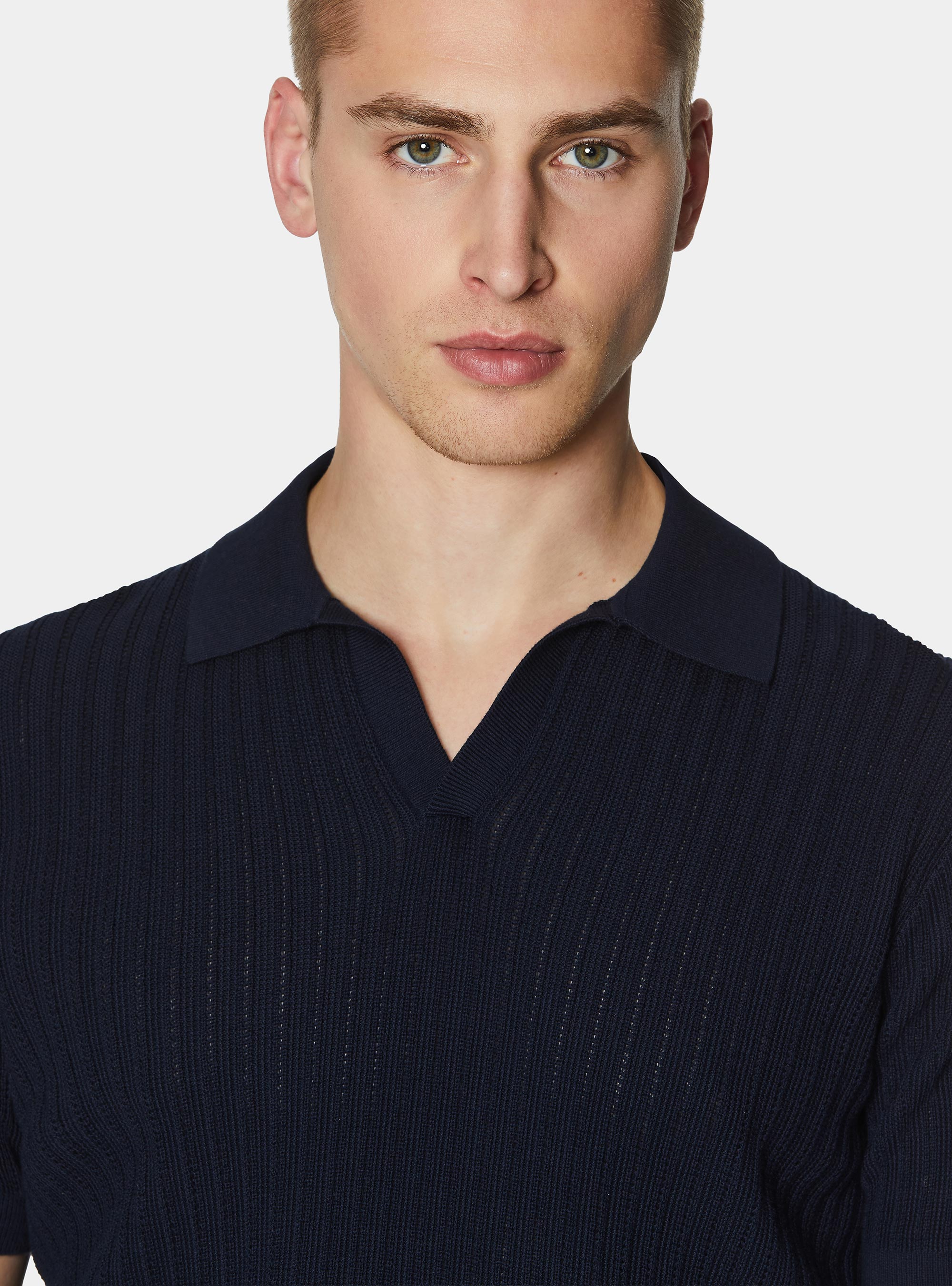 Polo in maglia traforata senza bottoni in cotone extrafine, BLU NAVY
