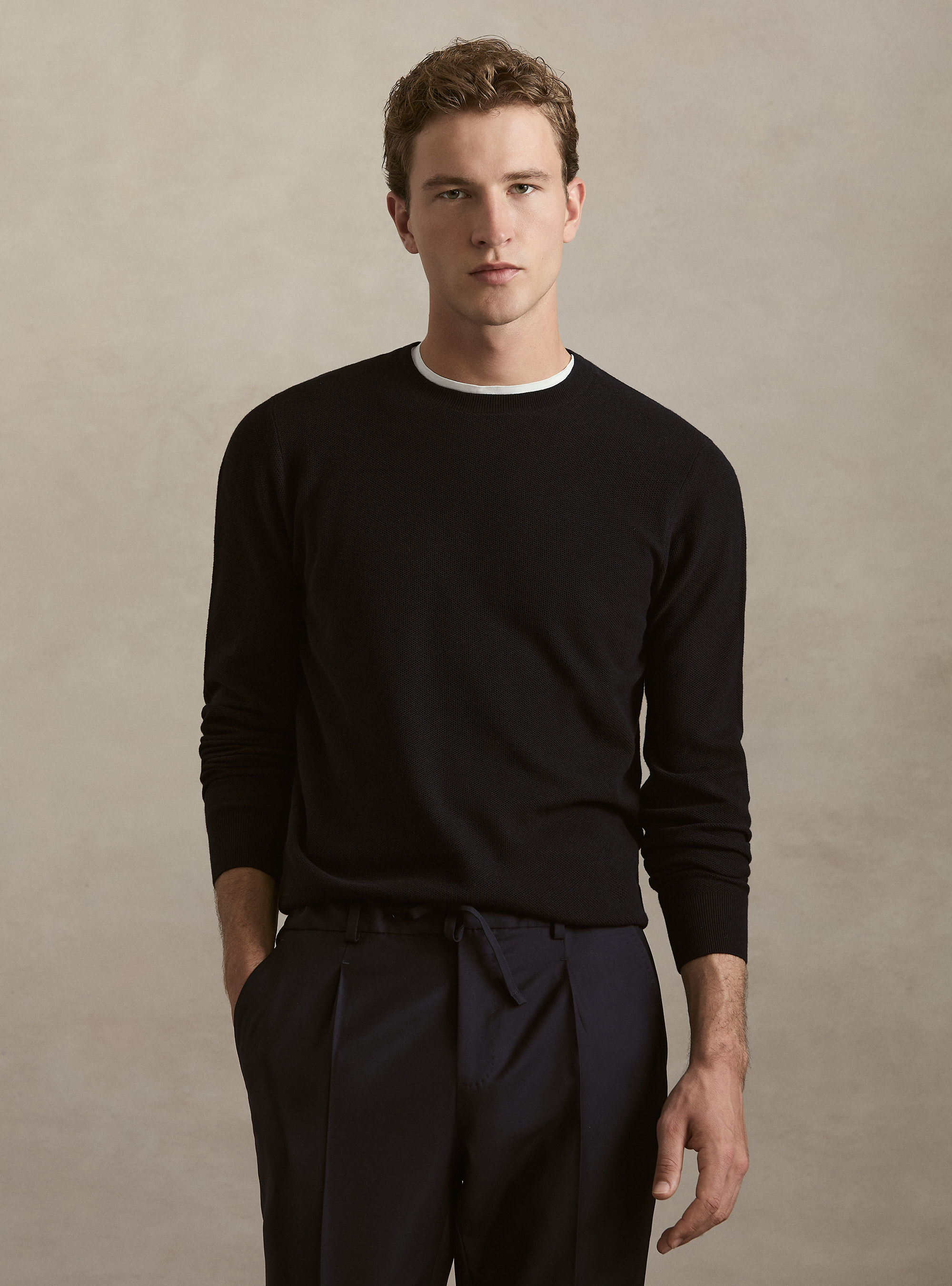 Maglia girocollo in cotone cashmere nido d'ape, BLU NAVY