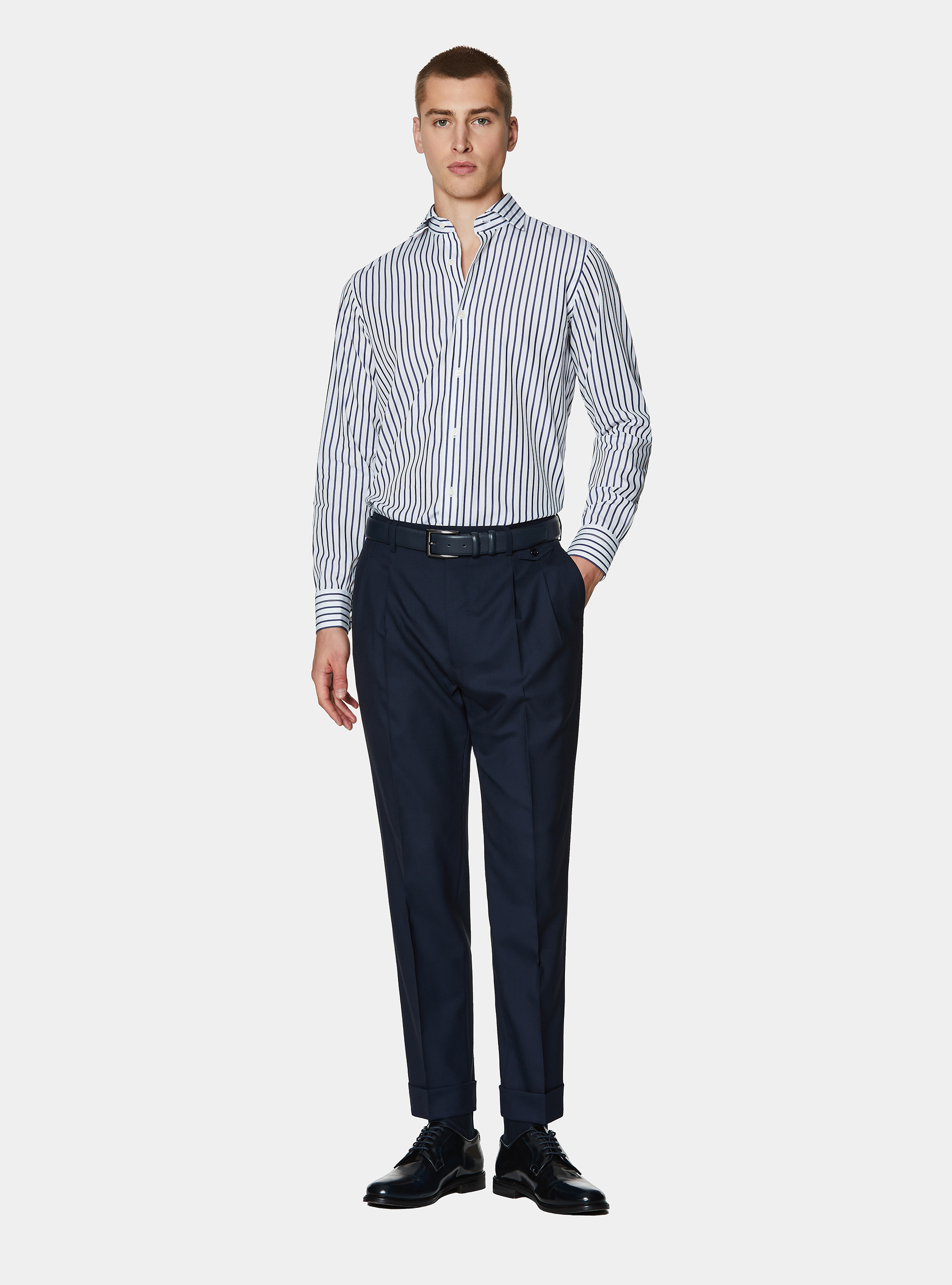Camicia rigata in popeline di cotone, BIANCO
