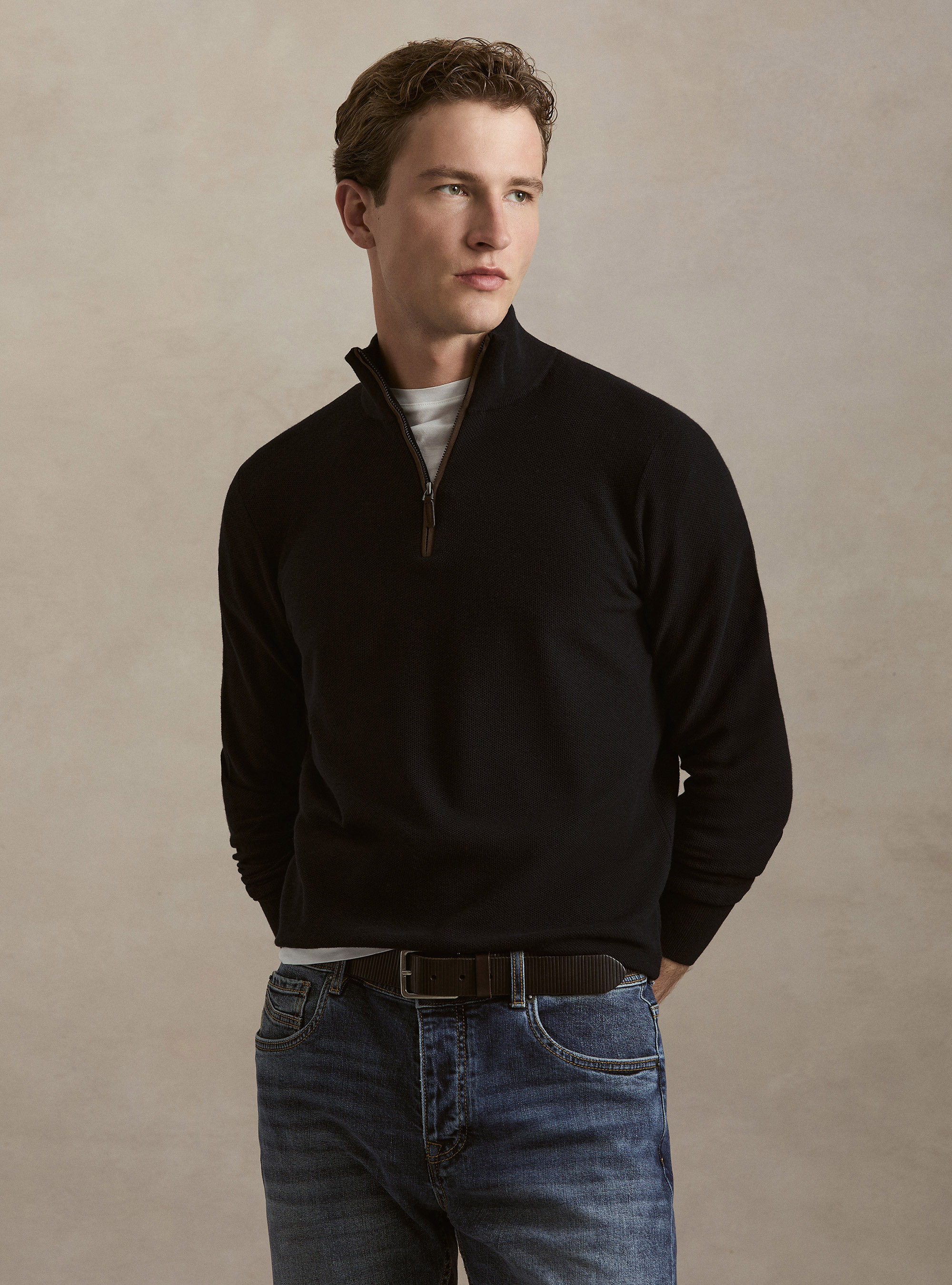 Maglia con mezza zip in cotone cashmere nido d'ape, BLU NAVY