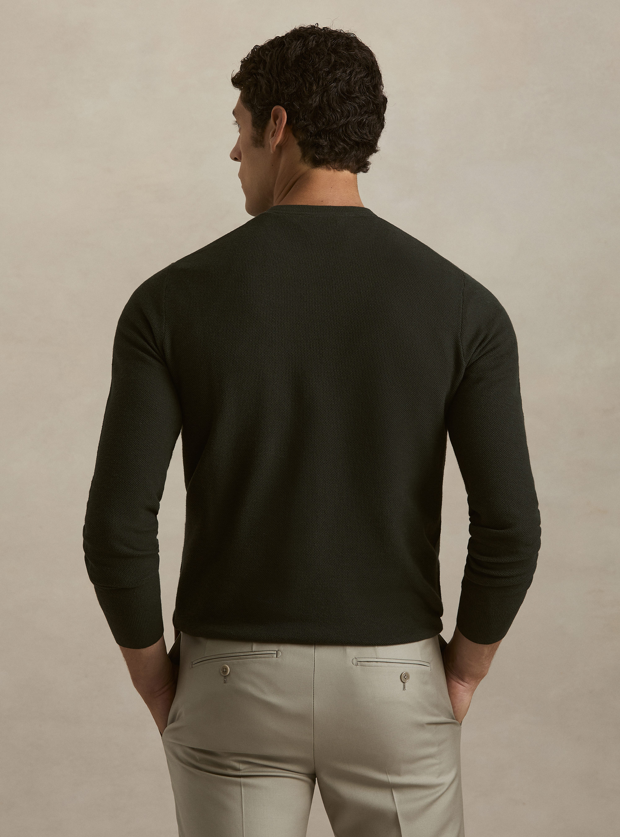 Maglia girocollo in cotone cashmere nido d'ape, MILITARE 0609C