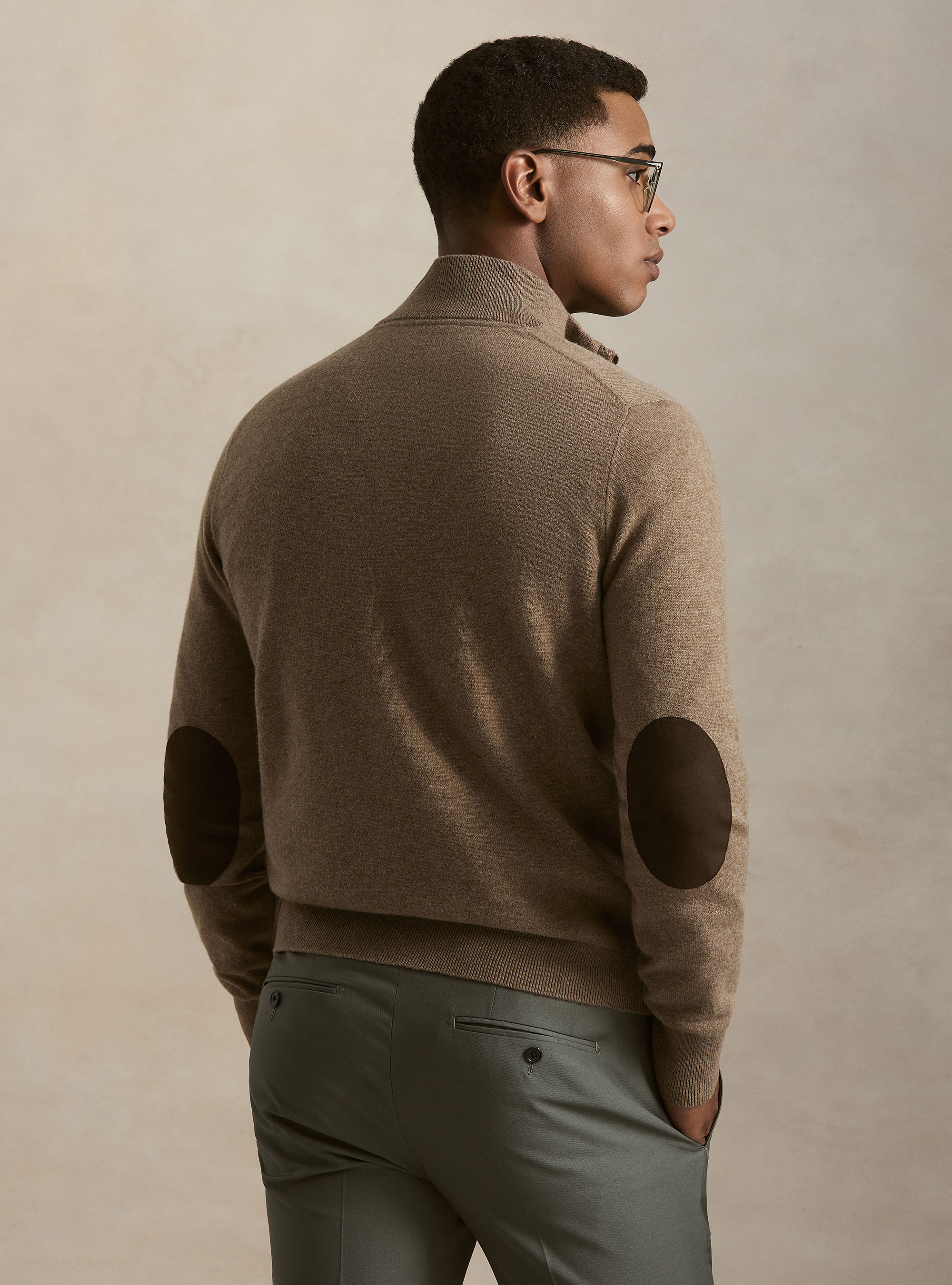 Maglia mezza zip in lana lambswool e cashmere, FANGO