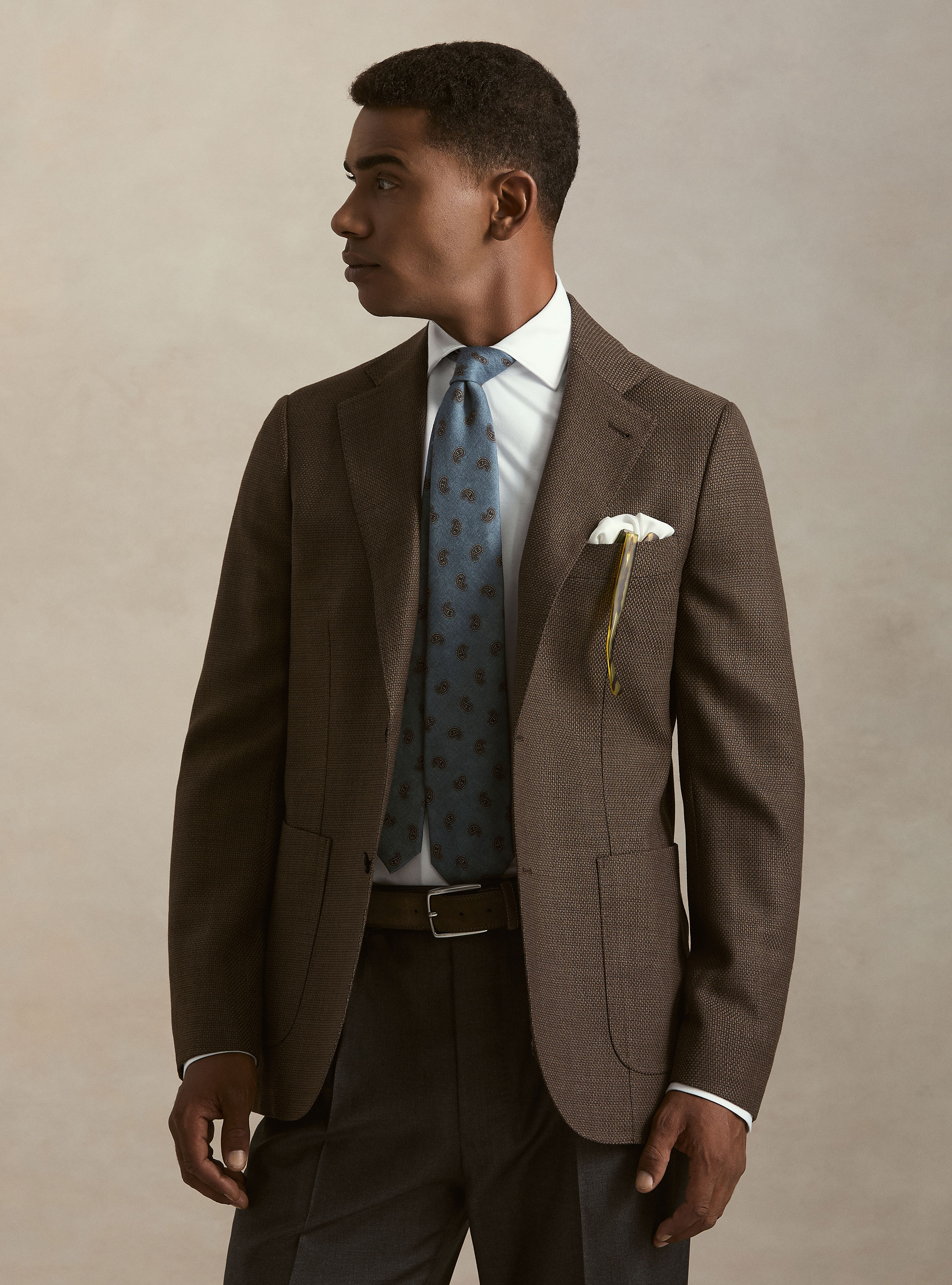 Giacca in lana hopsack, MARRONE