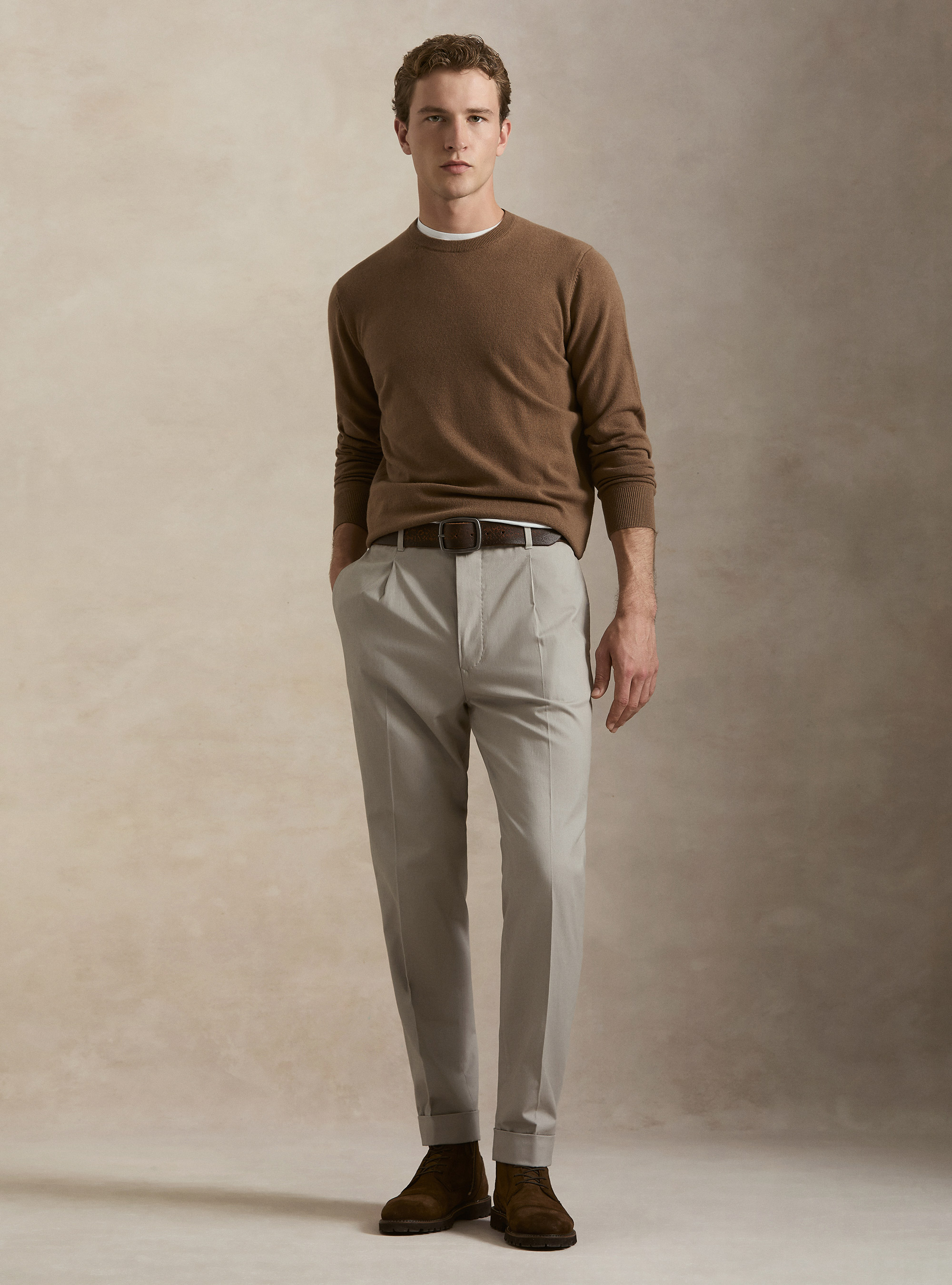 Maglia girocollo in lana lambswool e cashmere, NOCCIOLA
