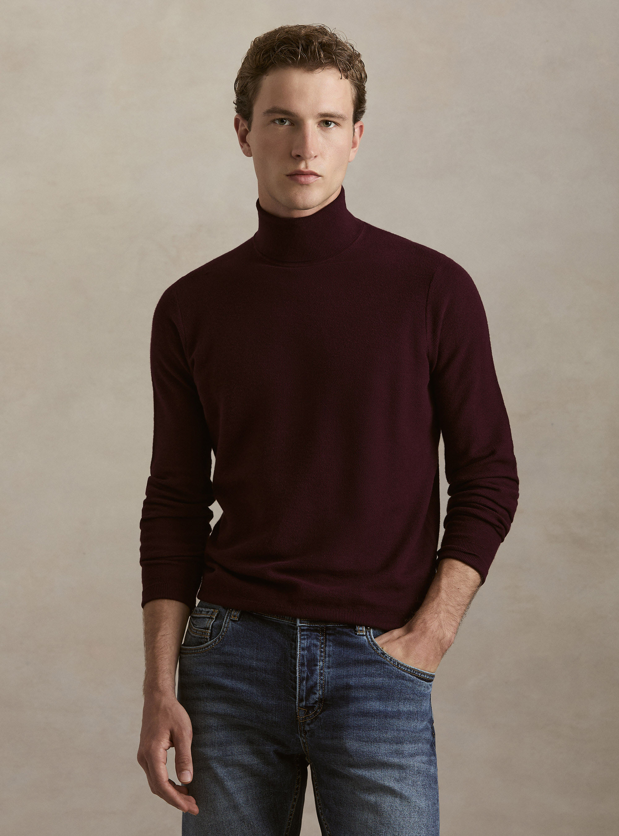Dolcevita in maglia nido d'ape in cotone e cashmere, BORDEAUX