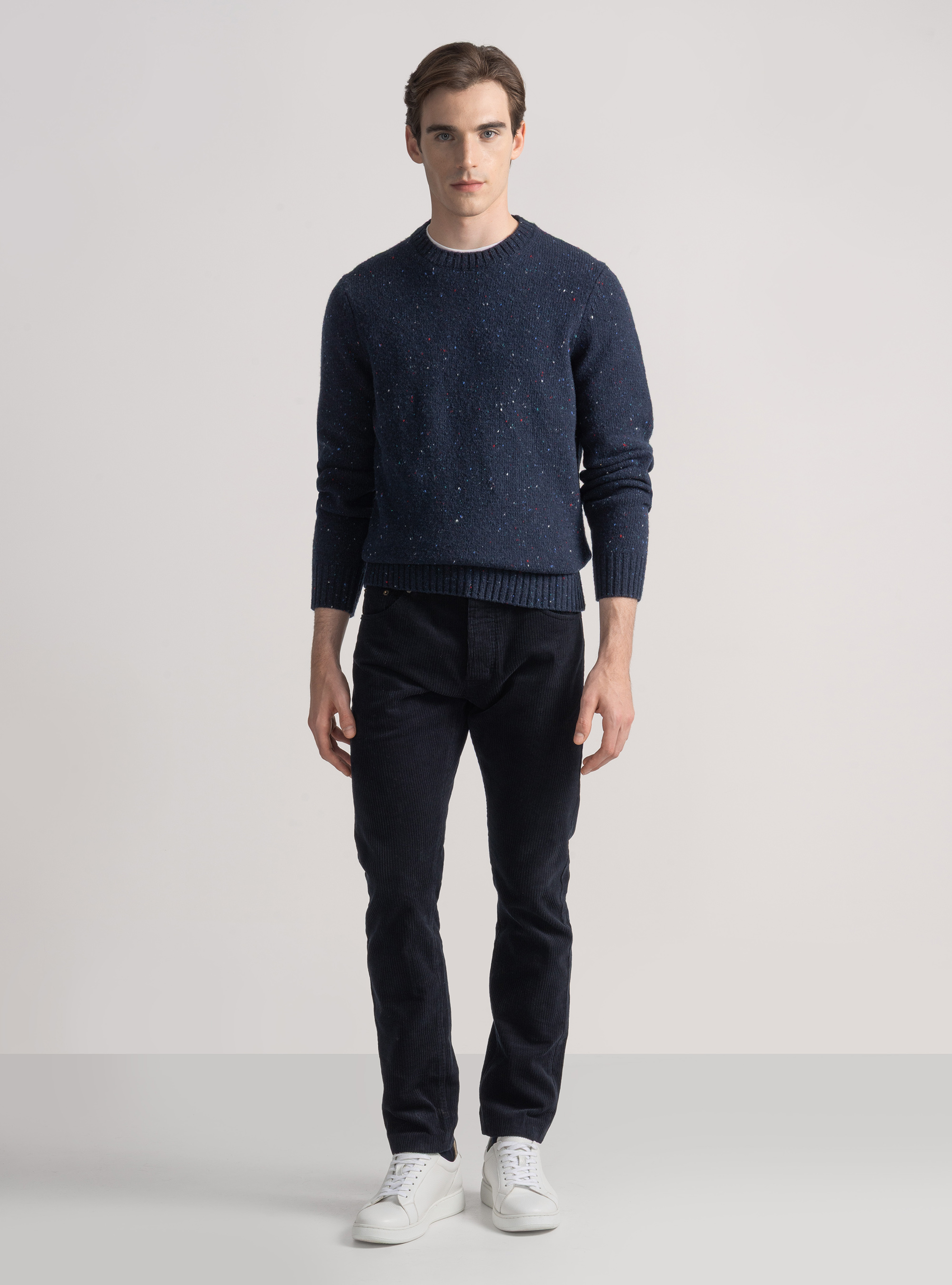 Maglia girocollo in misto lana merino bottonata, BLU NAVY