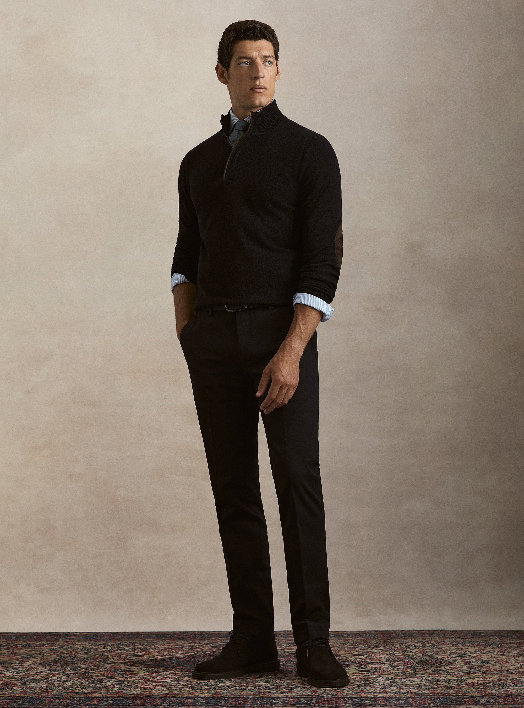 Maglia mezza zip in lana lambswool e cashmere, BLU NAVY
