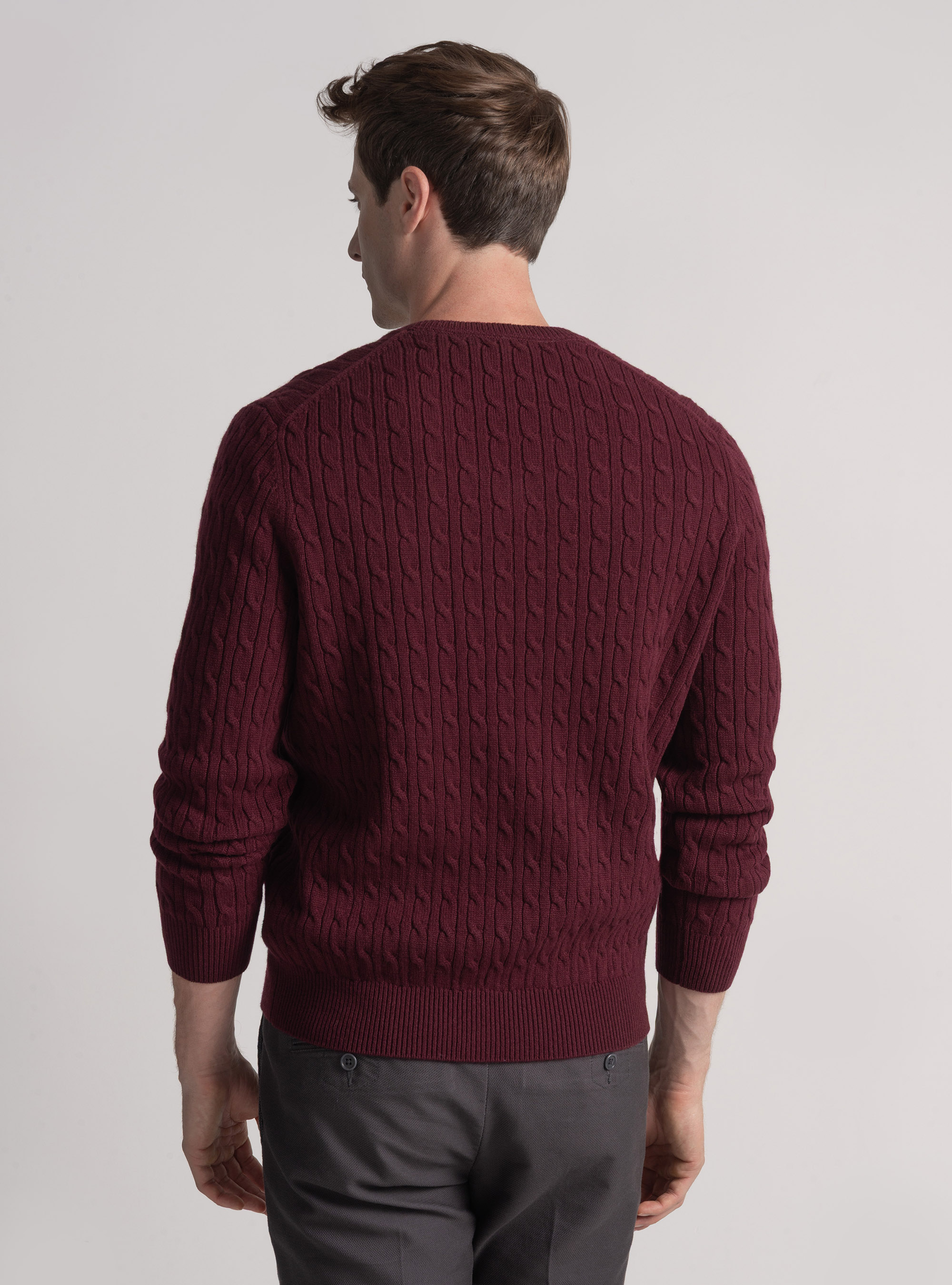Maglia scollo a V con treccia in lana merino, BORDEAUX