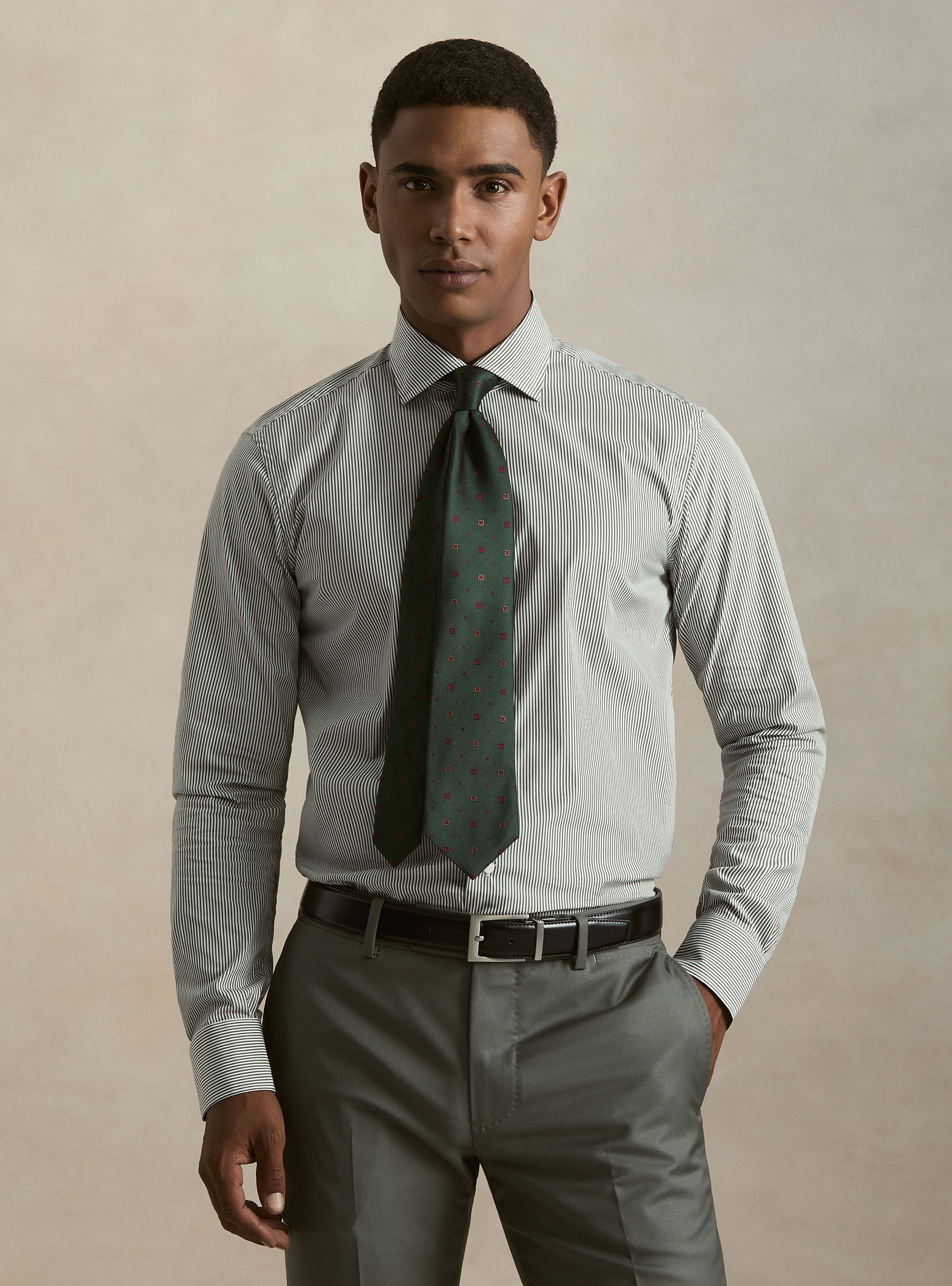 Camicia in cotone rigato popeline stretch, VERDE