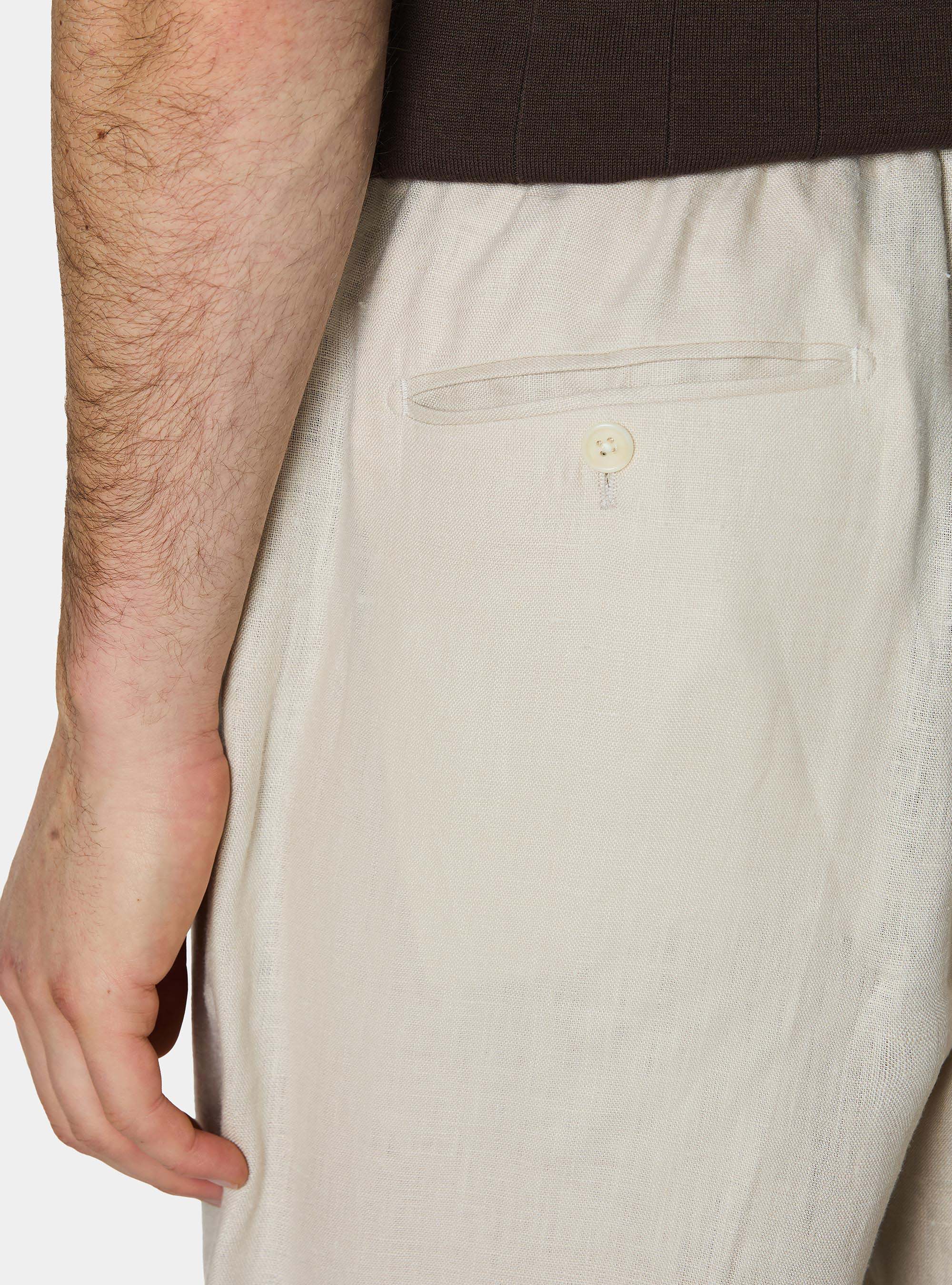 Pantaloni in puro lino con pince e coulisse, ECRU