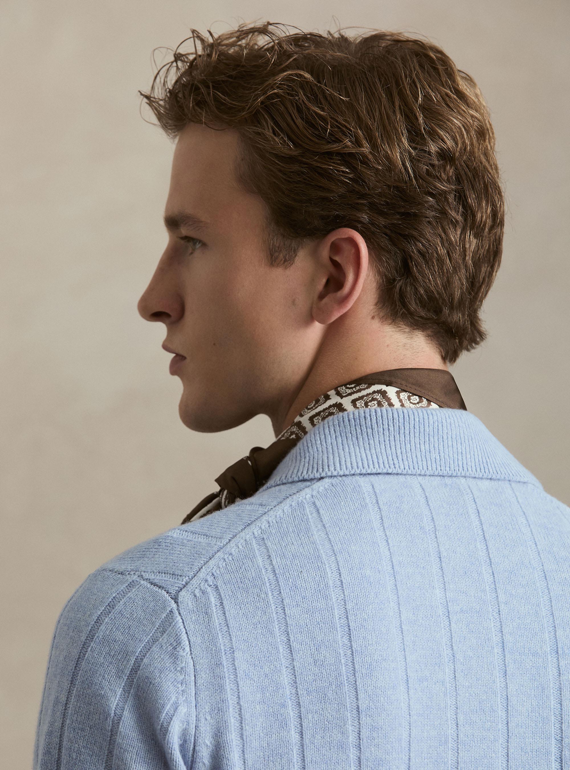Maglia full zip con colletto in lana e cashmere a costa piatta, AZZURRO POLVERE 0283C