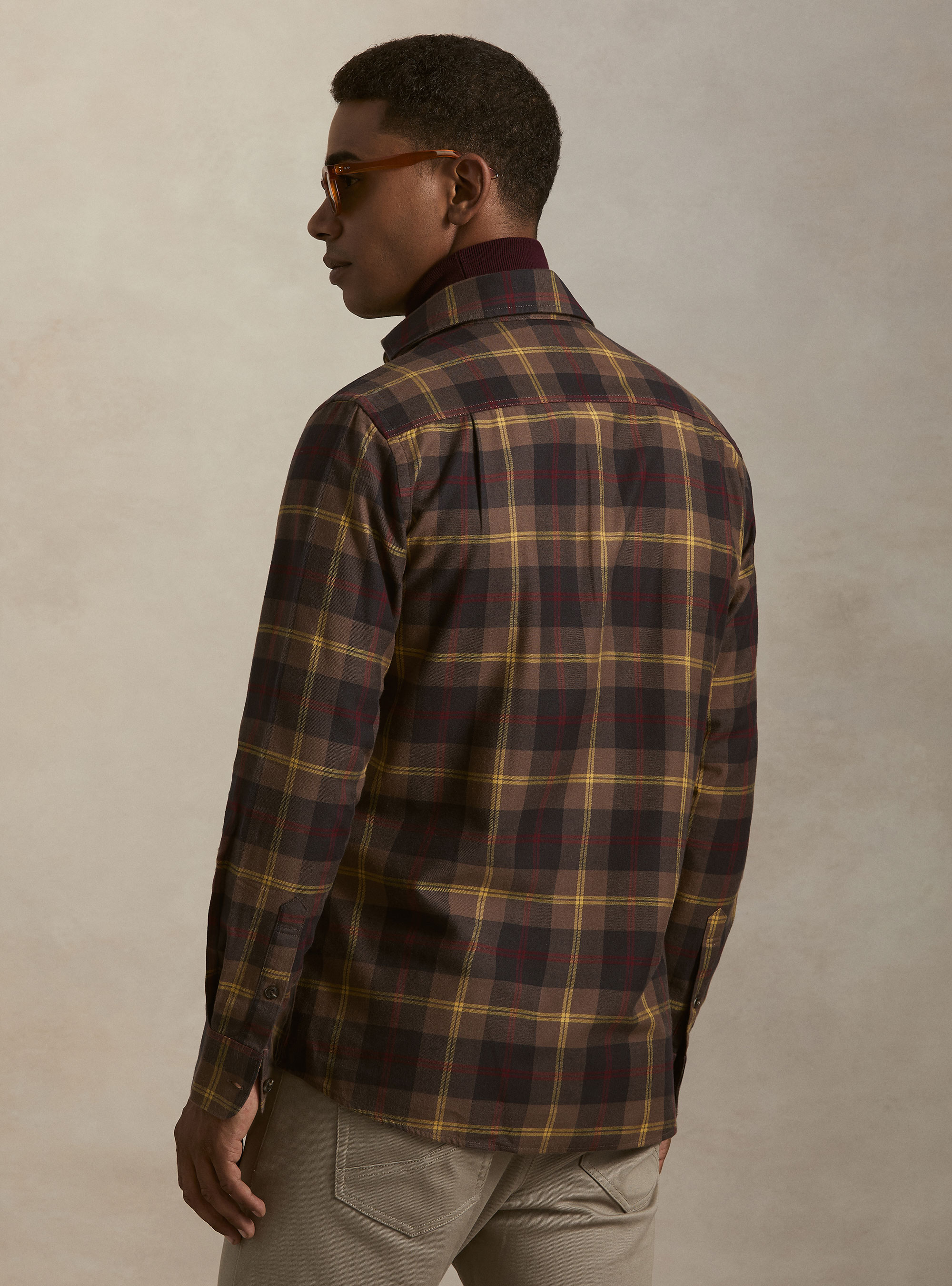 Camicia relaxed fit in misto cotone a quadri, MARRONE