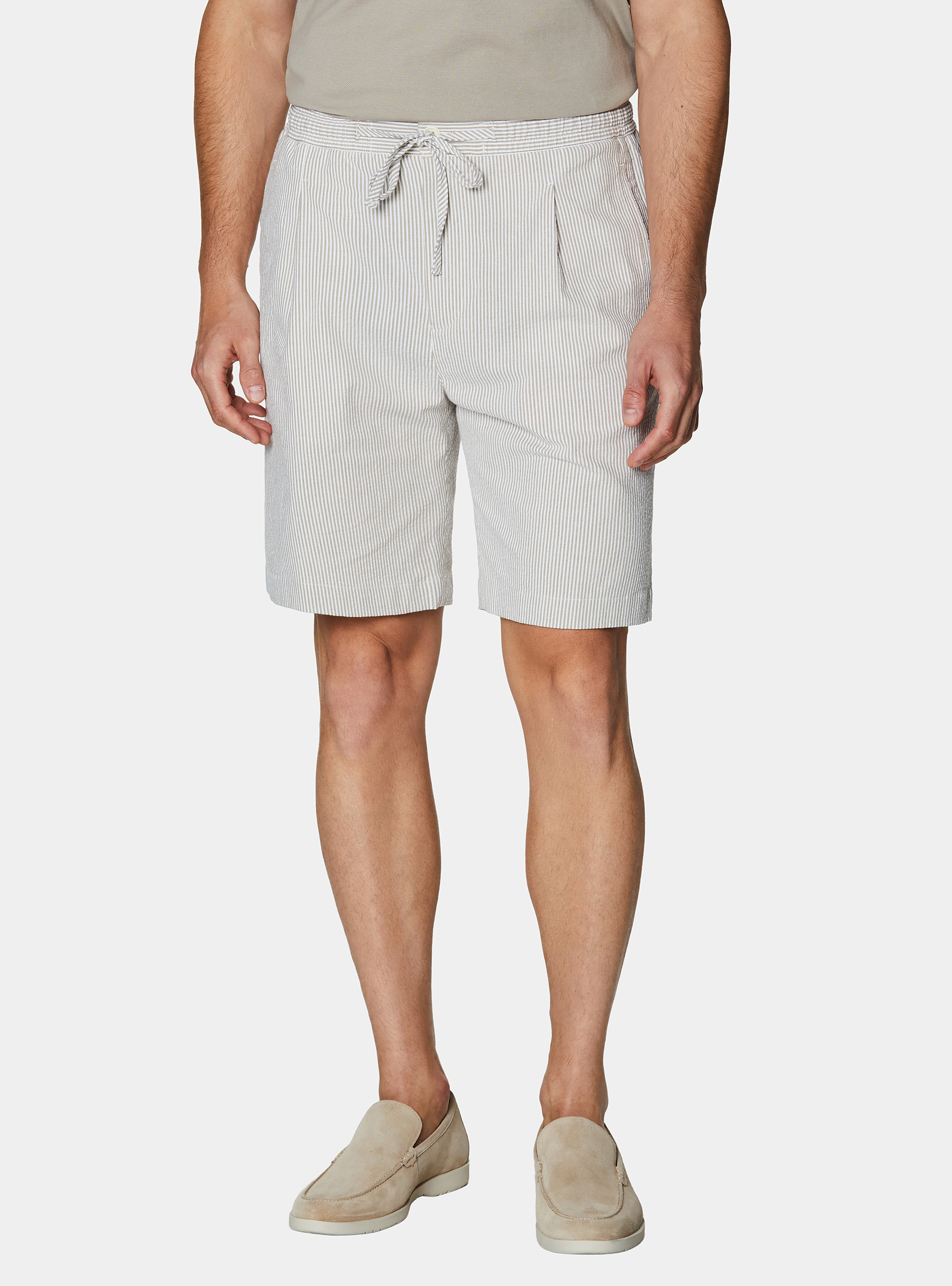 Bermuda in cotone stretch seersucker con coulisse, SABBIA
