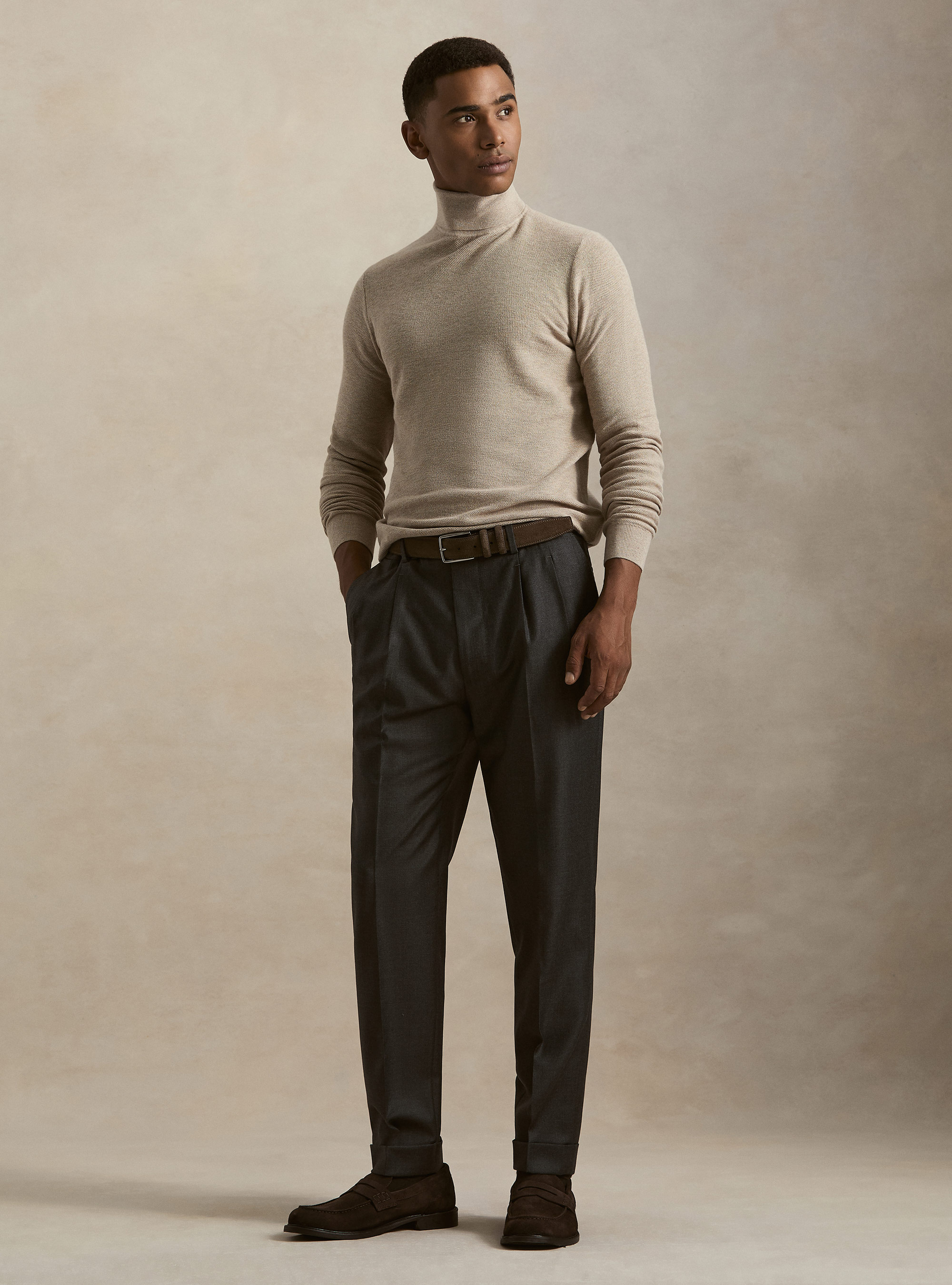 Dolcevita in maglia nido d'ape in cotone e cashmere, ECRU