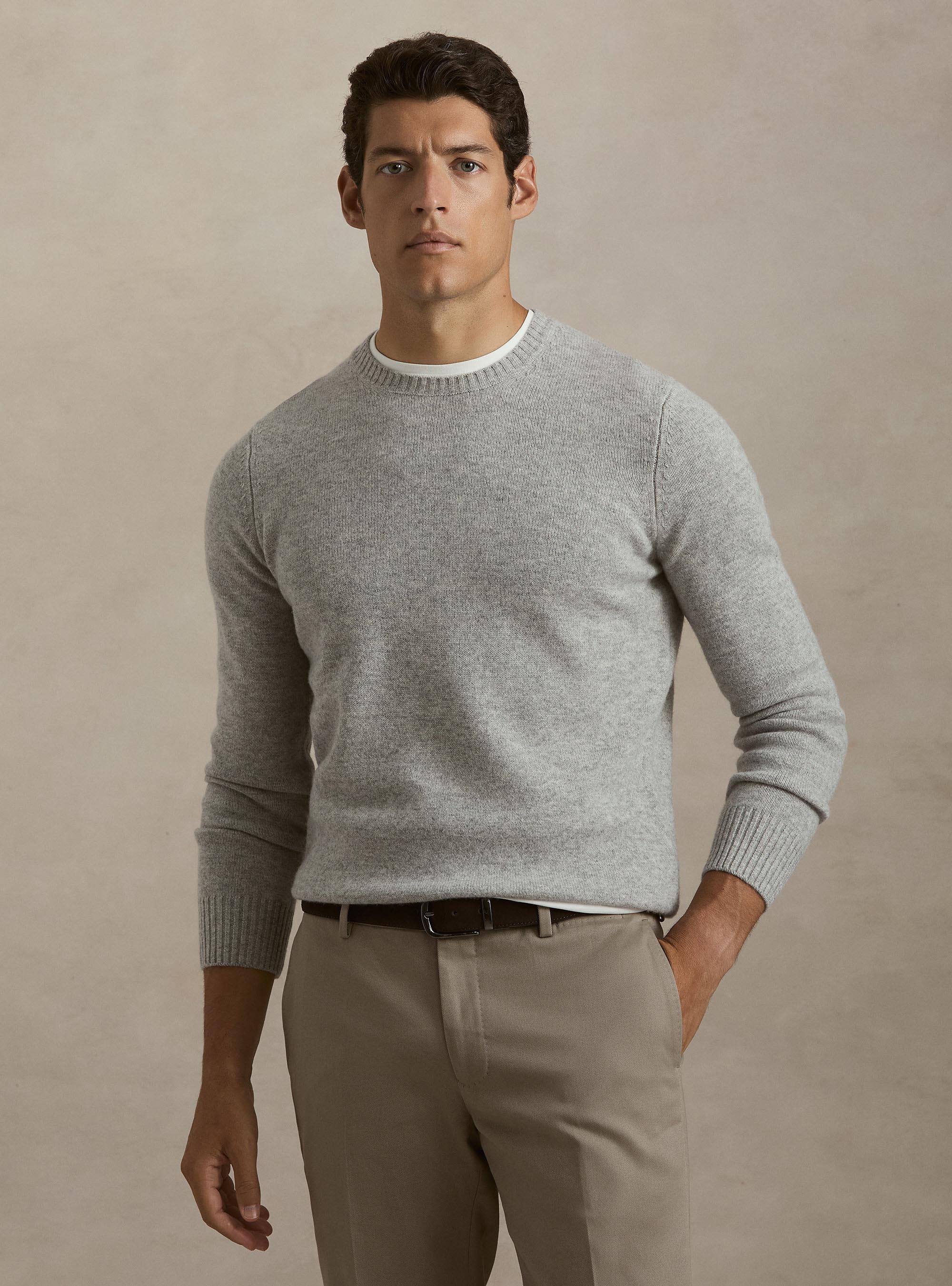 Maglia girocollo in misto lana e cashmere, GRIGIO CHIARO MELANGE