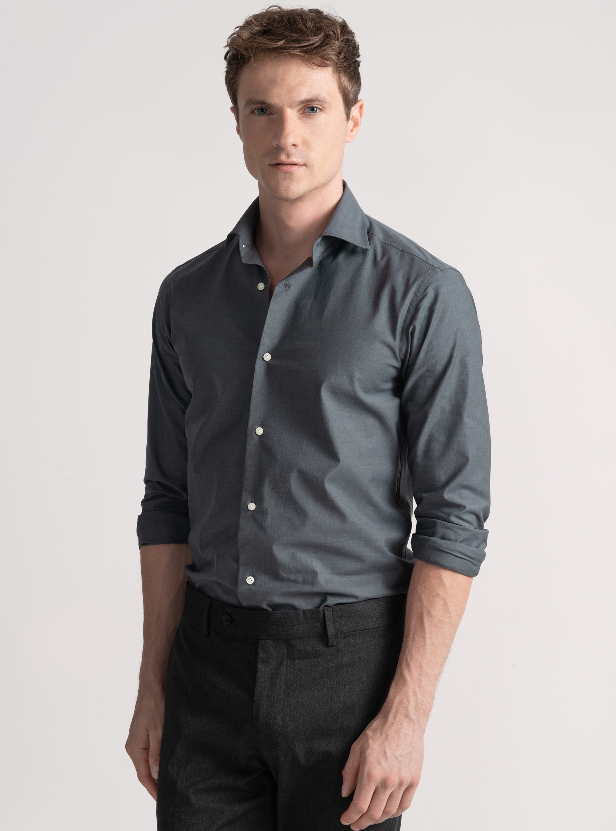 Camicia in cotone popeline stretch, GRIGIO CHIARO