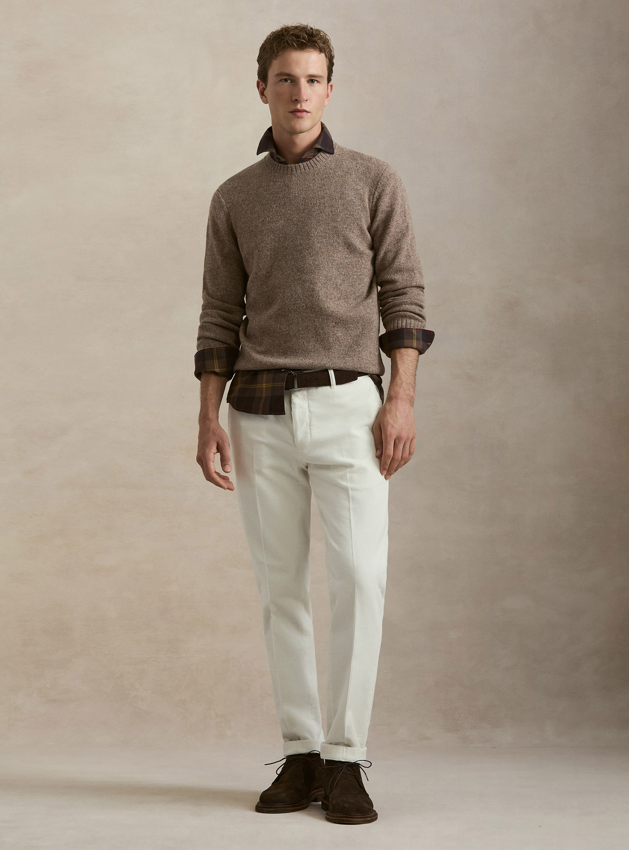 Maglia girocollo in pura lana shetland, FANGO